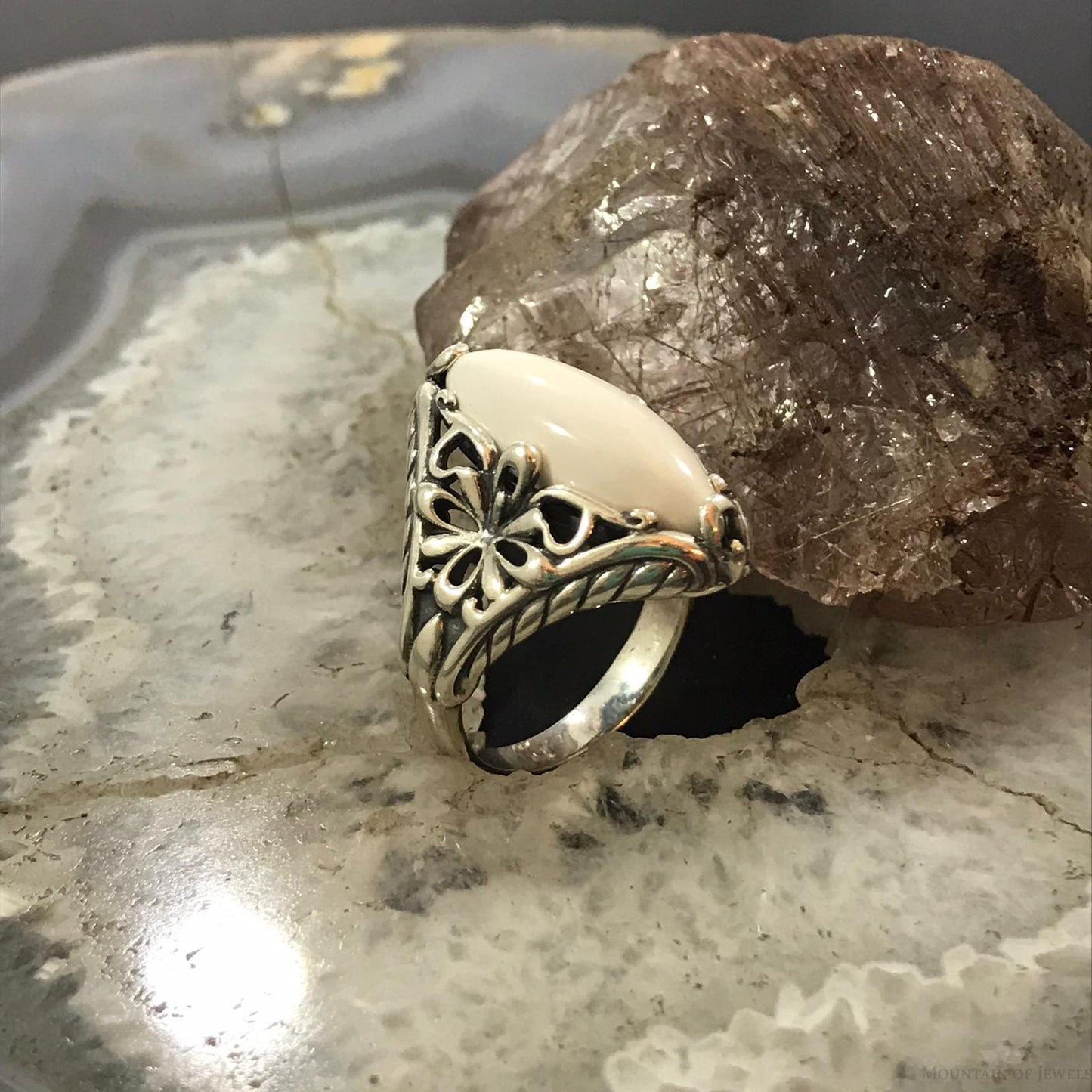Carolyn Pollack Sterling Silver Marquise White Jasper Decorated Ring Size 8.25 For Women