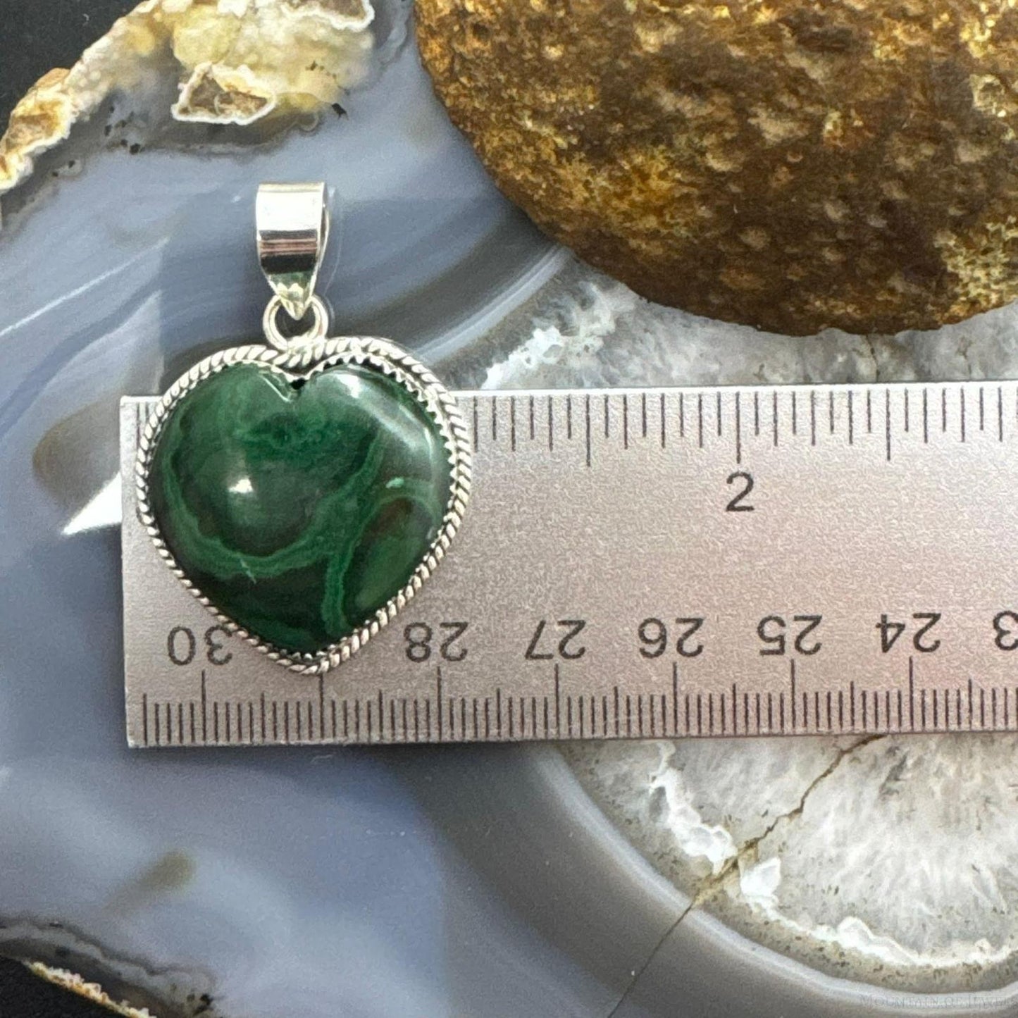 Sterling Silver Southwestern Style Malachite Heart Shape Pendant For Women