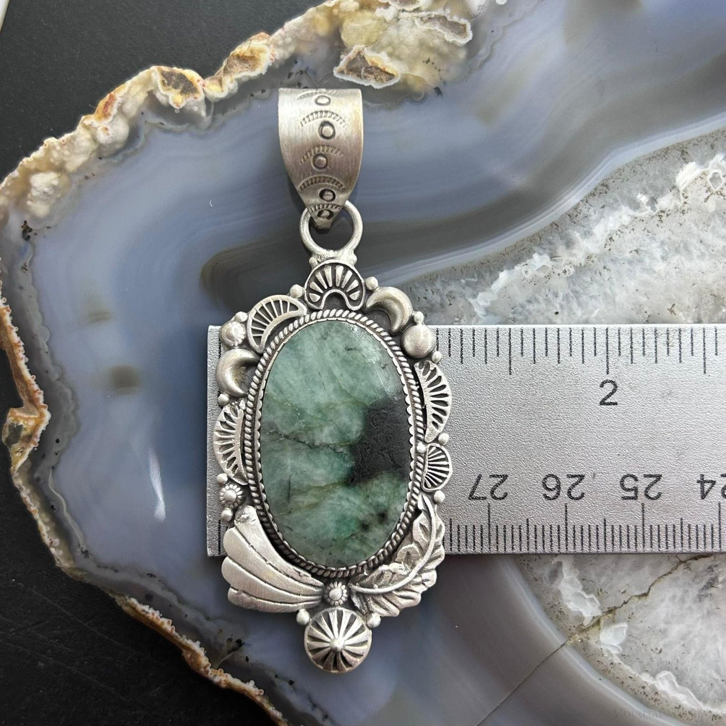 Sterling Silver Southwestern Style Oval Emerald Decorated Pendant For Women #1