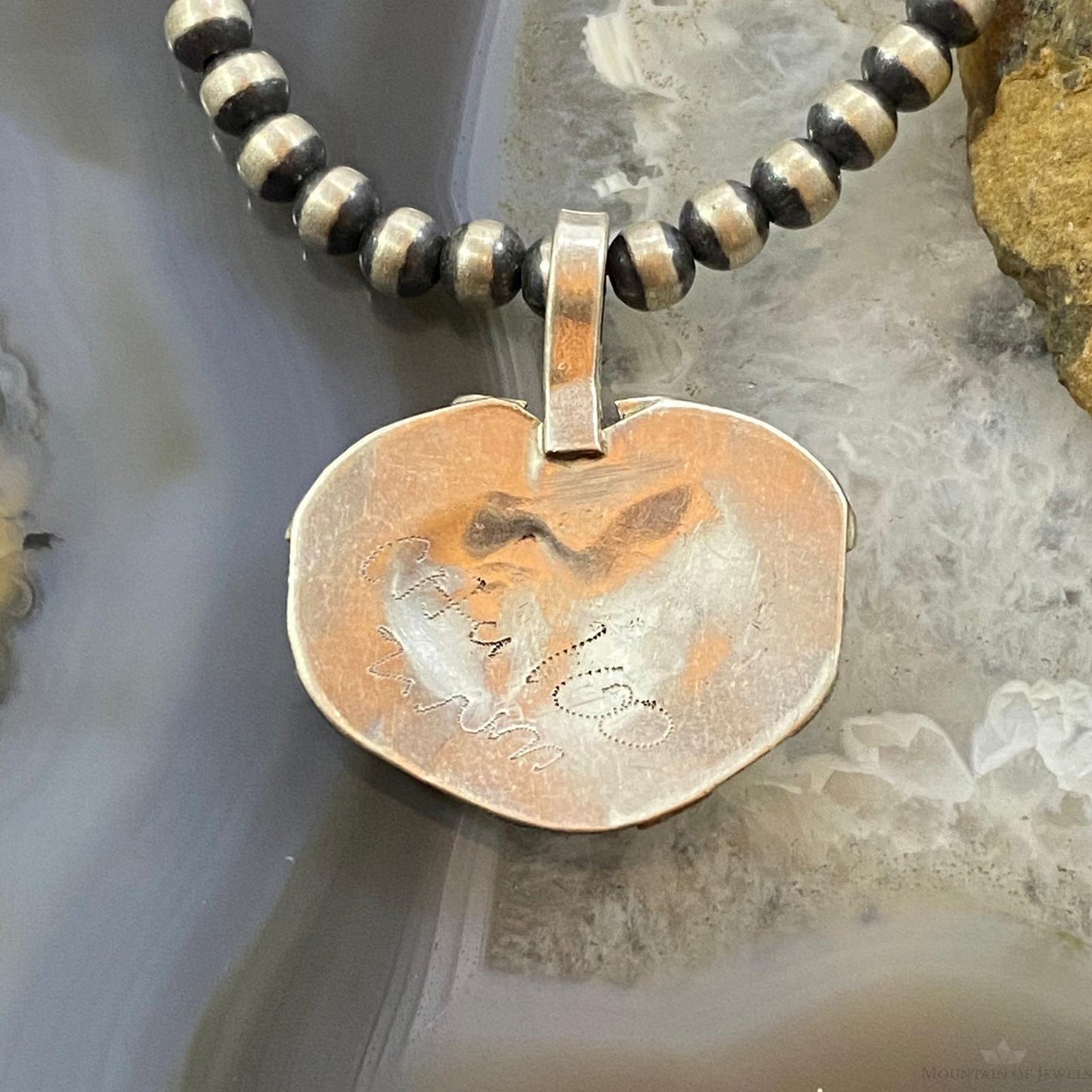 Signed Chaloo Vintage Native American Silver Heart MOP Zuni Inlay Pendant