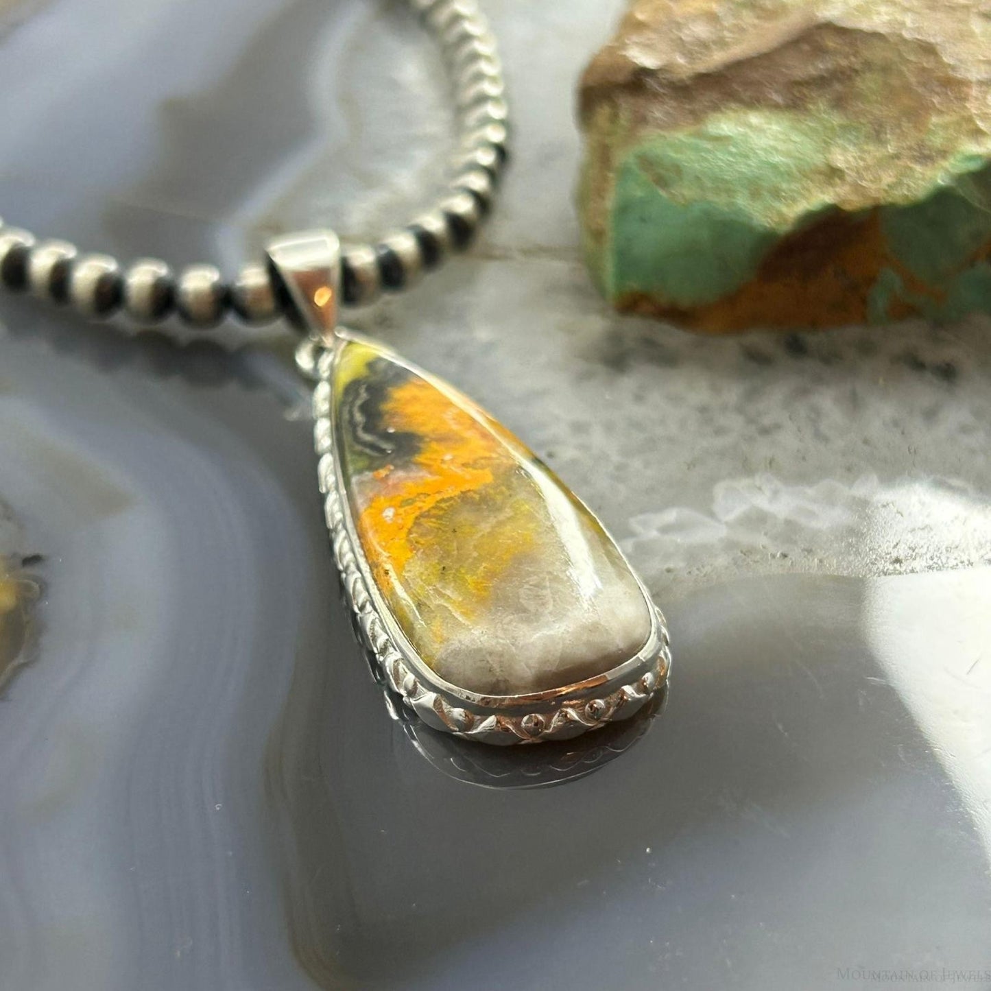 Sterling Silver Southwestern Style Teardrop Bumblebee Jasper Decorated Pendant For Women