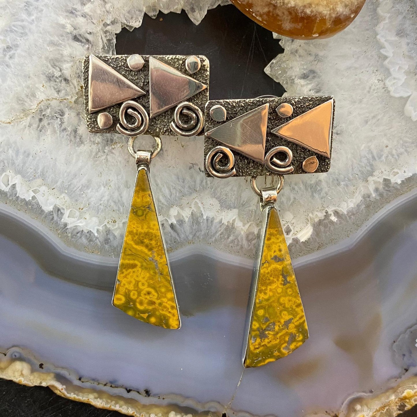 Alex Sanchez Native American Sterling Silver River Jasper Petroglyph Dangle Earrings For Women