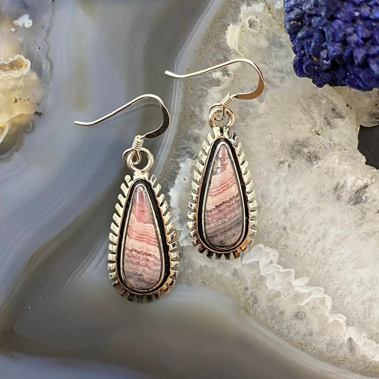 Native American Sterling Silver Teardrop Rhodochrosite Dangle Earrings For Women