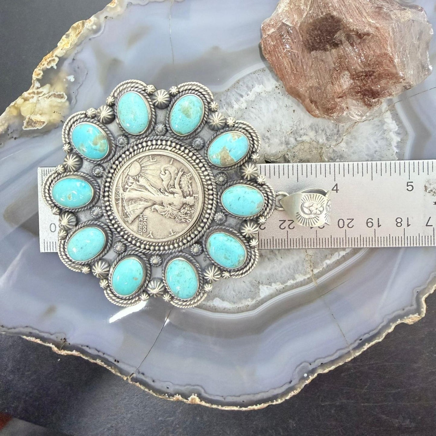 Genuine 90% Silver Walking Liberty Half Dollar Coin w/Turquoise Unisex Pendant