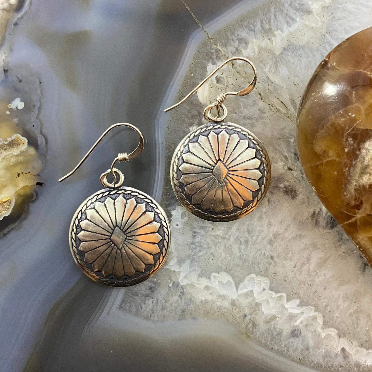 Native American Sterling Round Decorated Stamped Dangle Earrings For Women