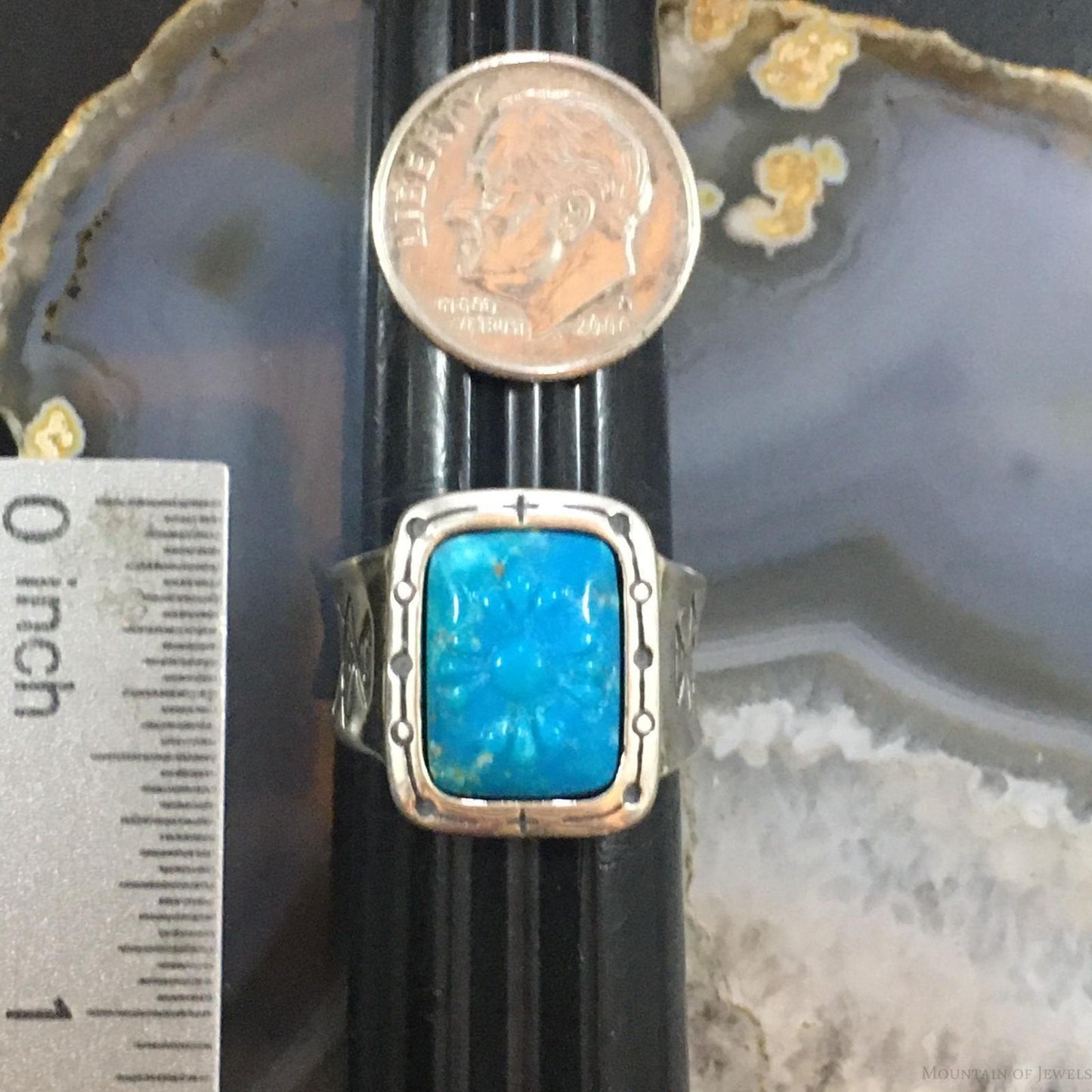 Carolyn Pollack Sterling Silver Rectangle Carved Turquoise Decorated Ring For Women
