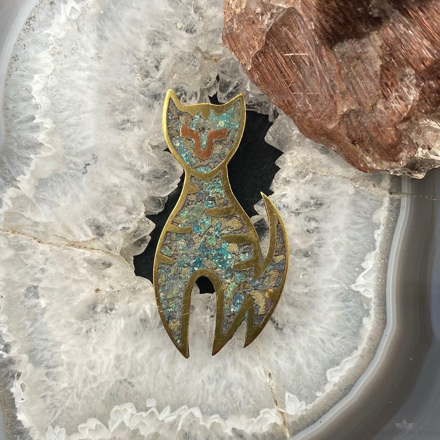 Sterling Silver Chip Inlay Cat Brooch, Made In Mexico