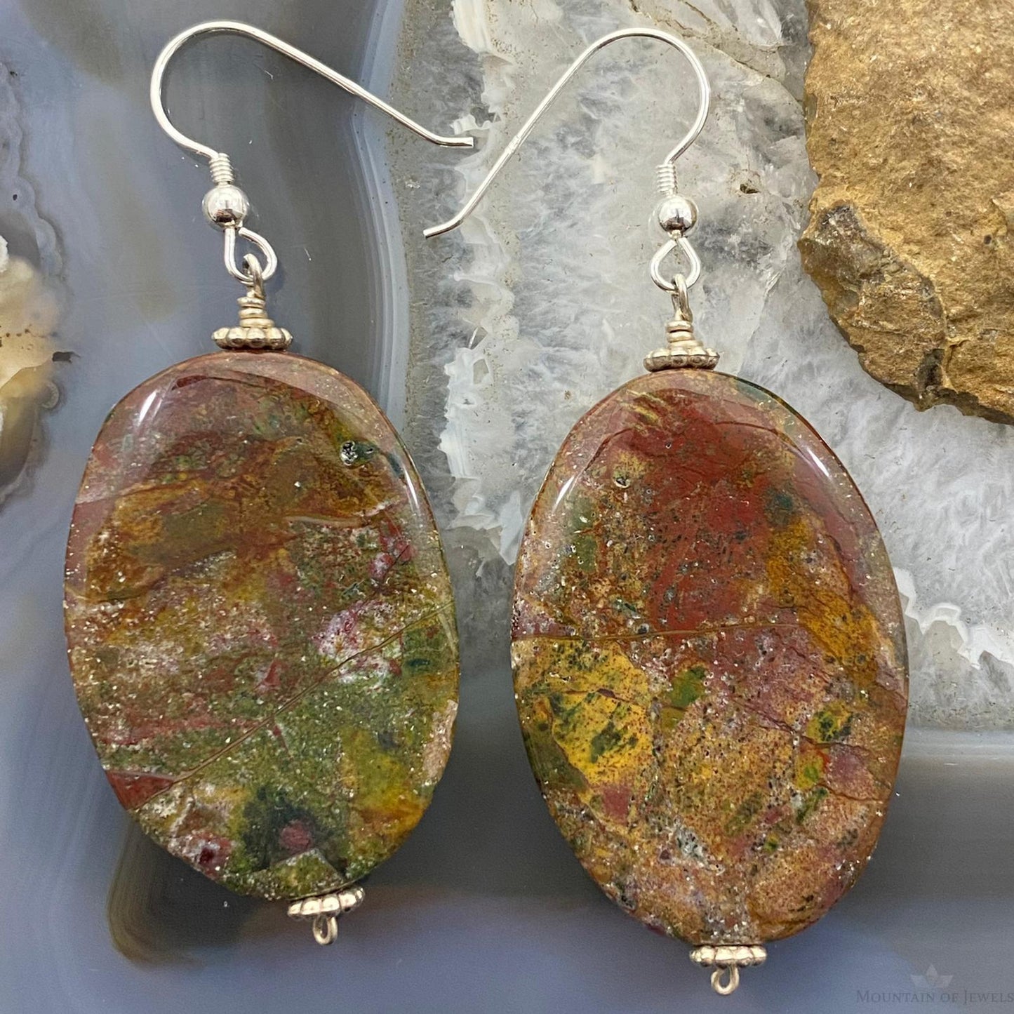 Sterling Silver Oval Bloodstone Agate Slab Dangle Earrings For Women #104