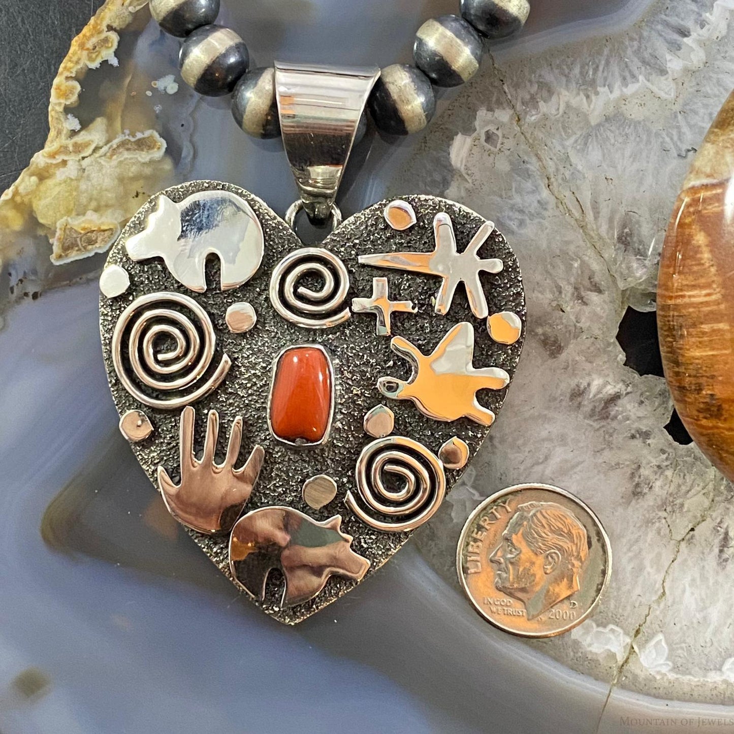Alex Sanchez Sterling Silver Coral Large Petroglyph Heart Pendant For Women