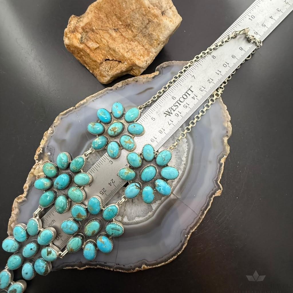 Sterling Silver Southwestern Style Kingman Turquoise Cluster Lariat Necklace For Women