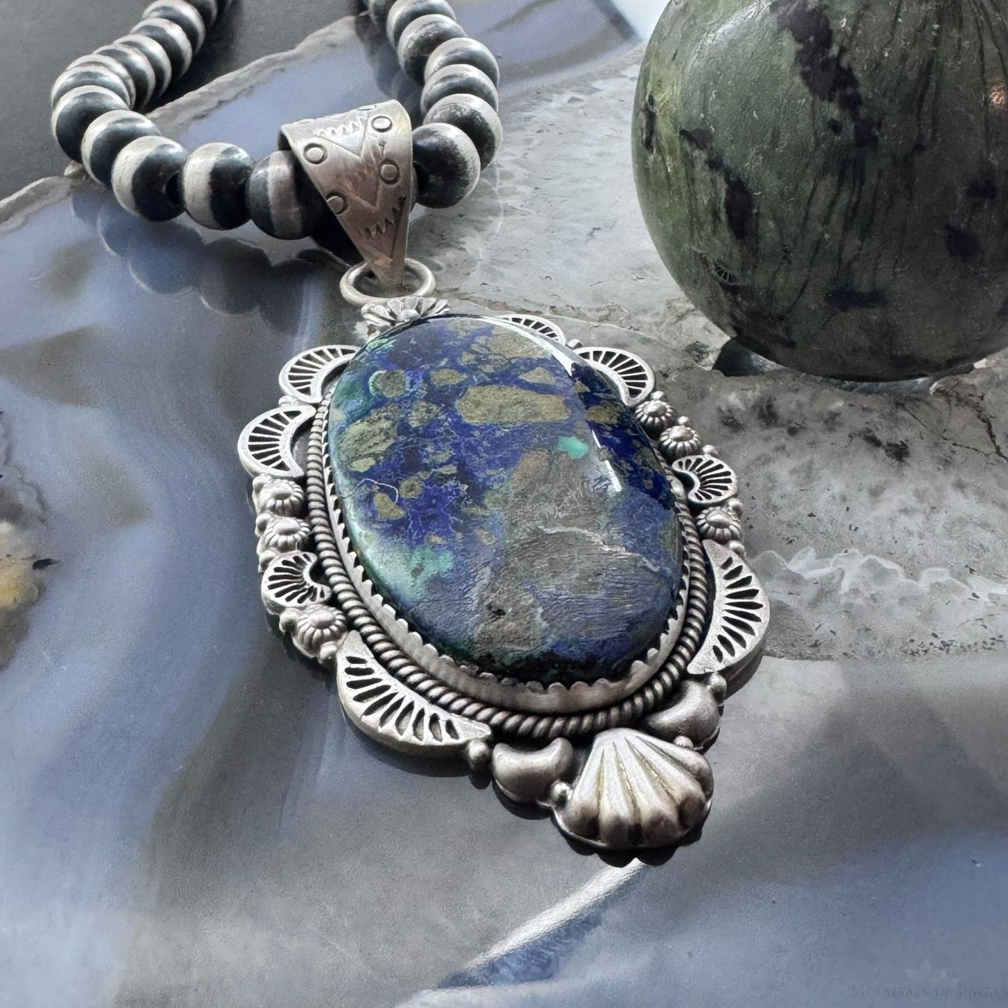 Sterling Silver Southwestern Style Elongated Oval Chrysocolla Decorated Pendant For Women