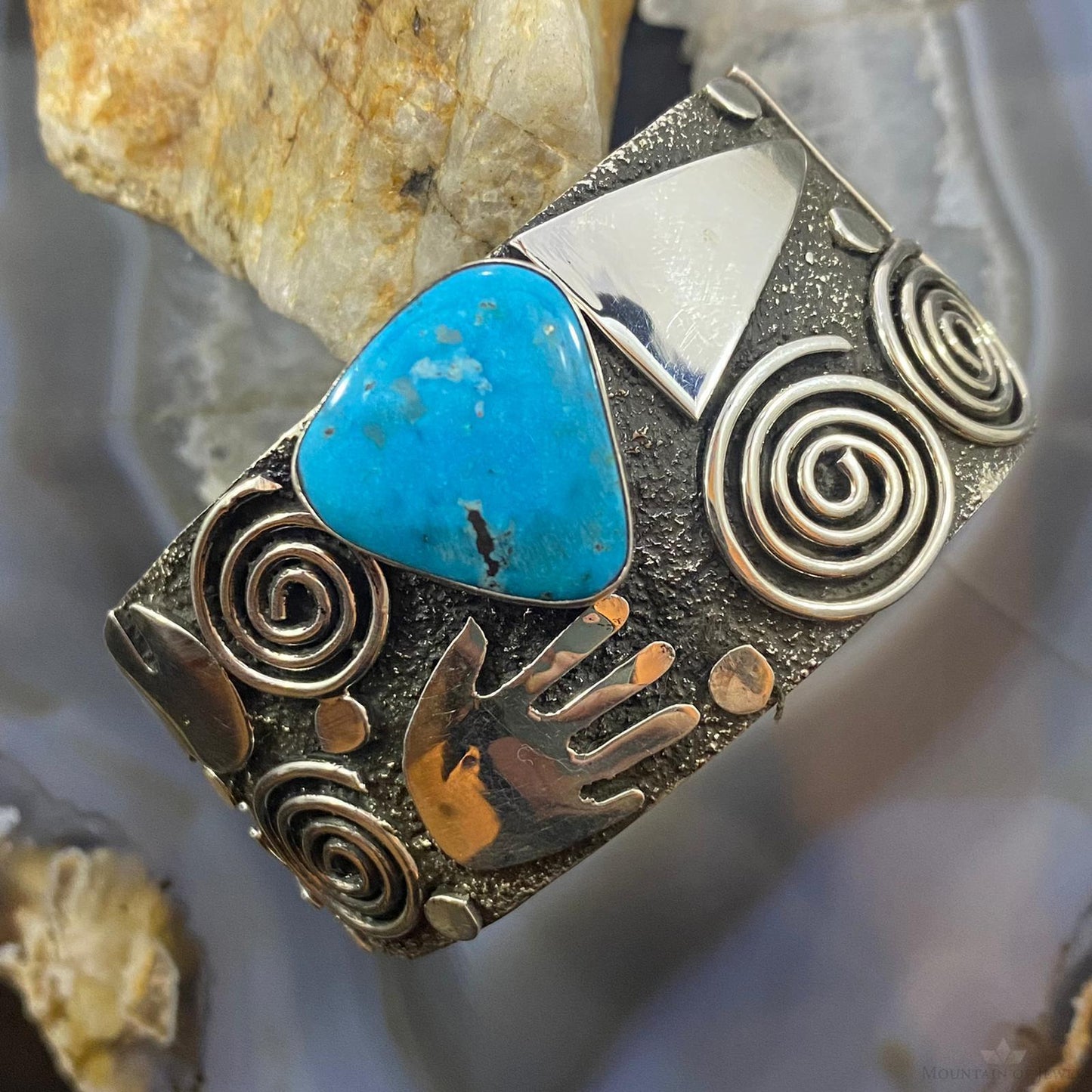 Alex Sanchez Native American Sterling Silver Petroglyph Turquoise Wide Bracelet