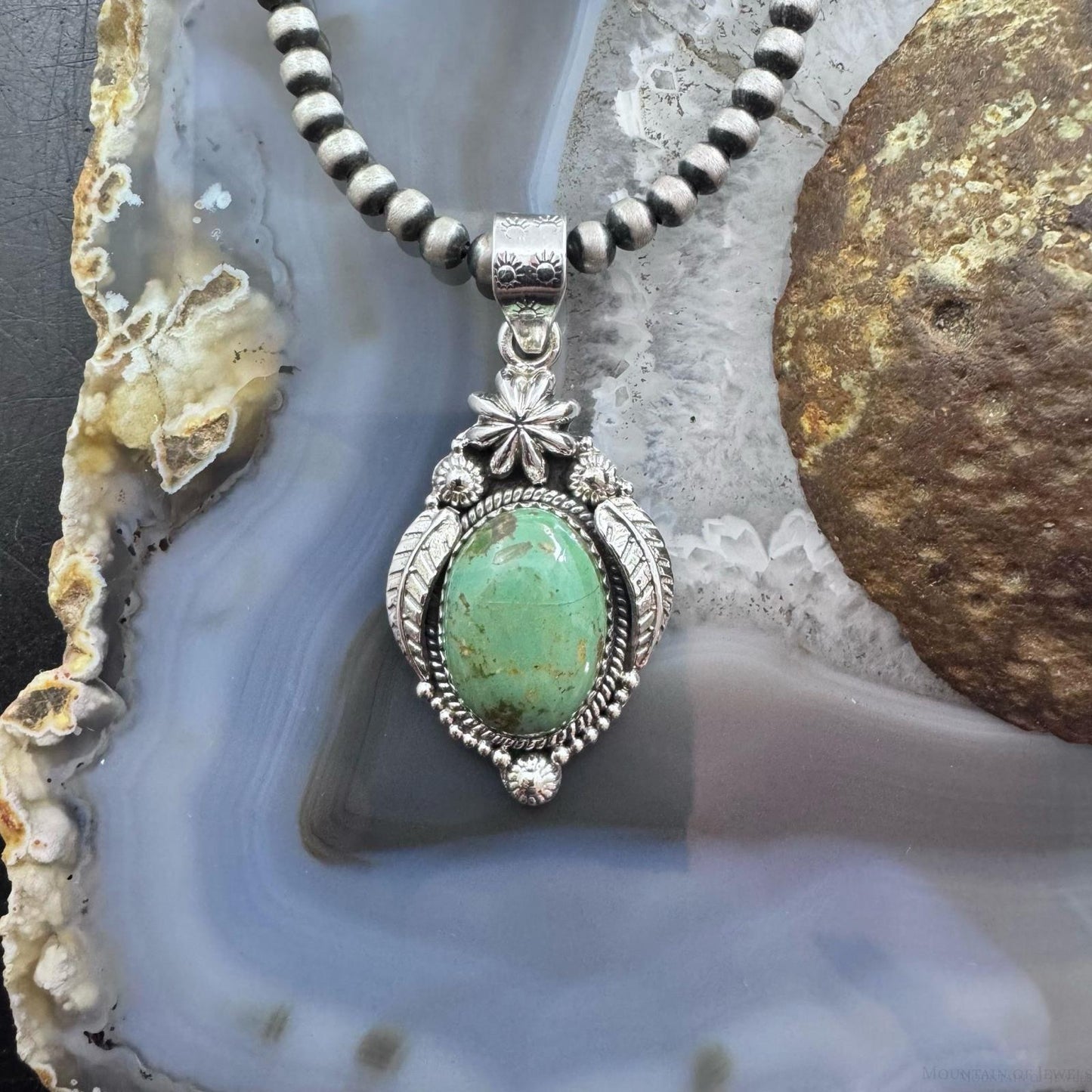 Sterling Silver Southwestern Style Oval Turquoise Leaves Decorated Pendant For Women