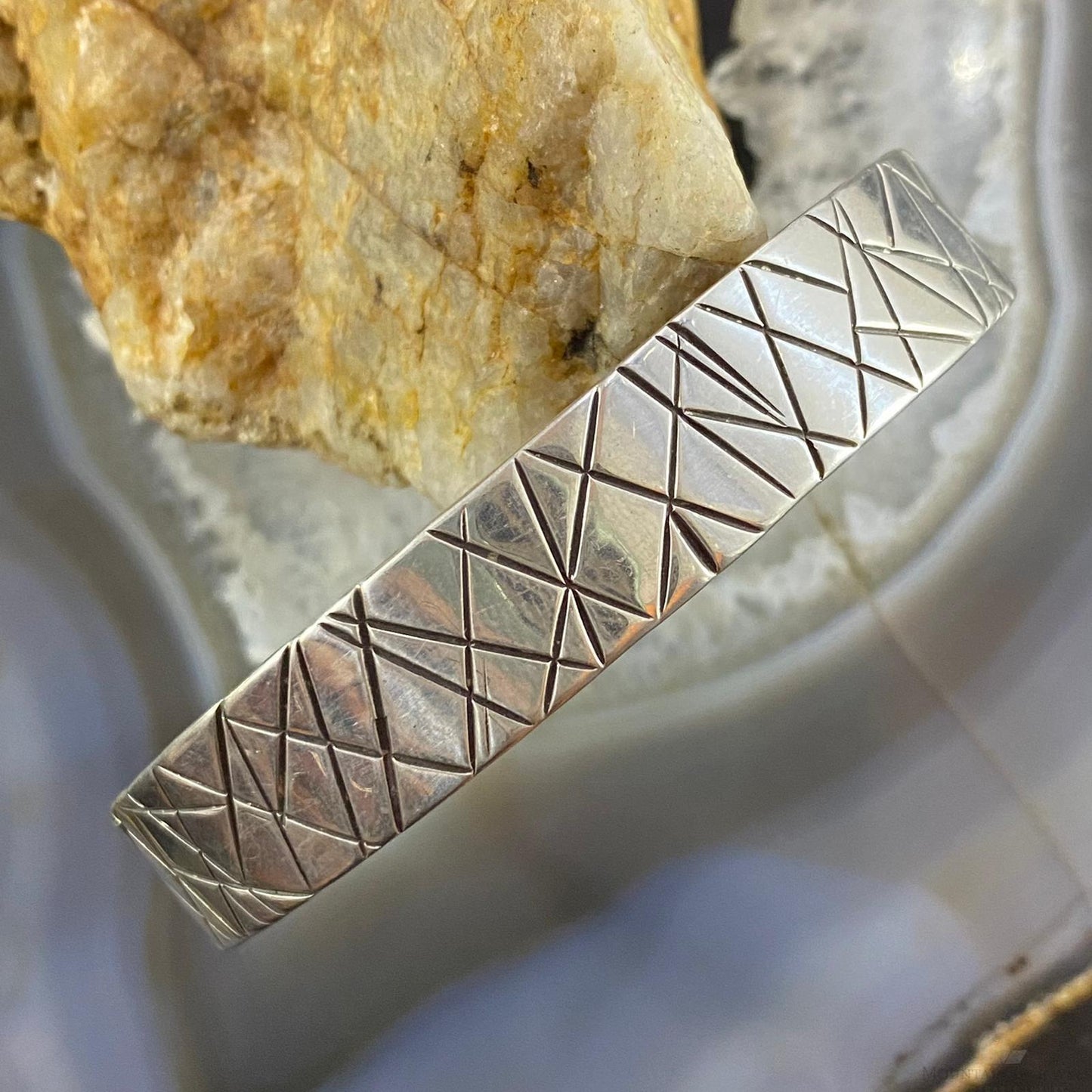 Native American Sterling Silver Geometric Patterns Engraved Unisex Bracelet