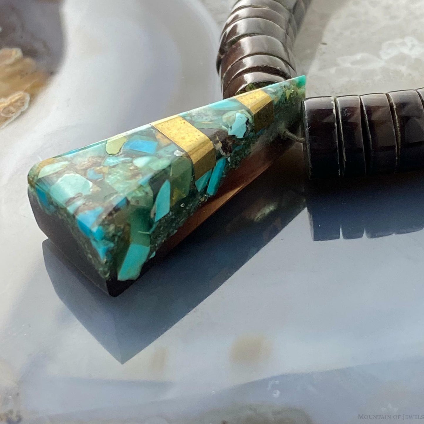 Vintage Graduated Olive and Triangle Turquoise Mosaic Heishi Necklace