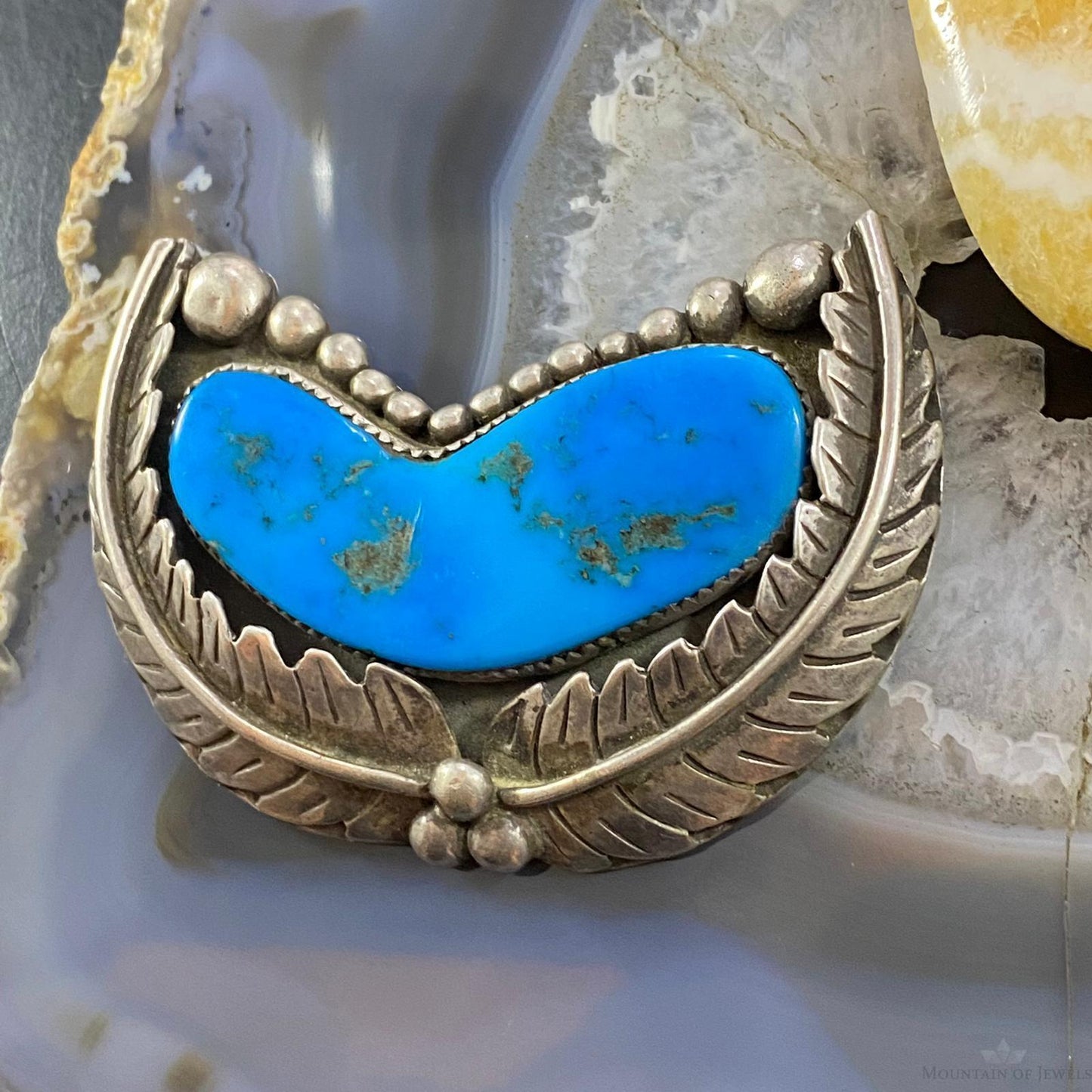 Vintage Native American Silver Turquoise and Leaves Decorated Brooch For Women