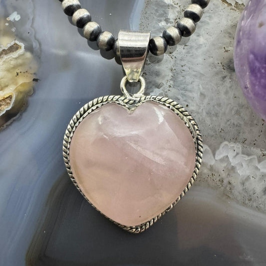 Sterling Silver Southwestern Style Pink Quartz Heart Shape Pendant For Women