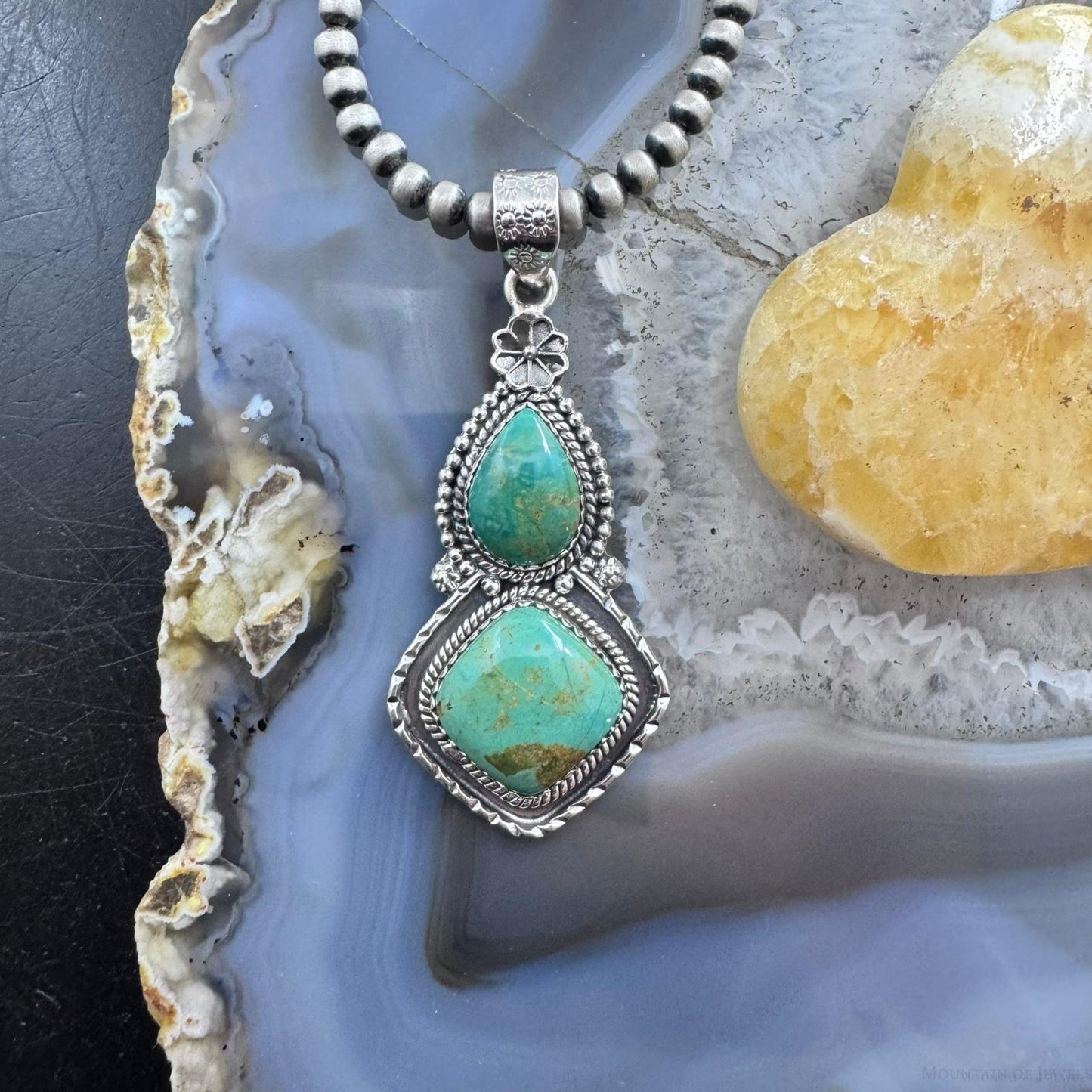 Sterling Silver Southwestern Style 2 Turquoise Decorated Pendant For Women