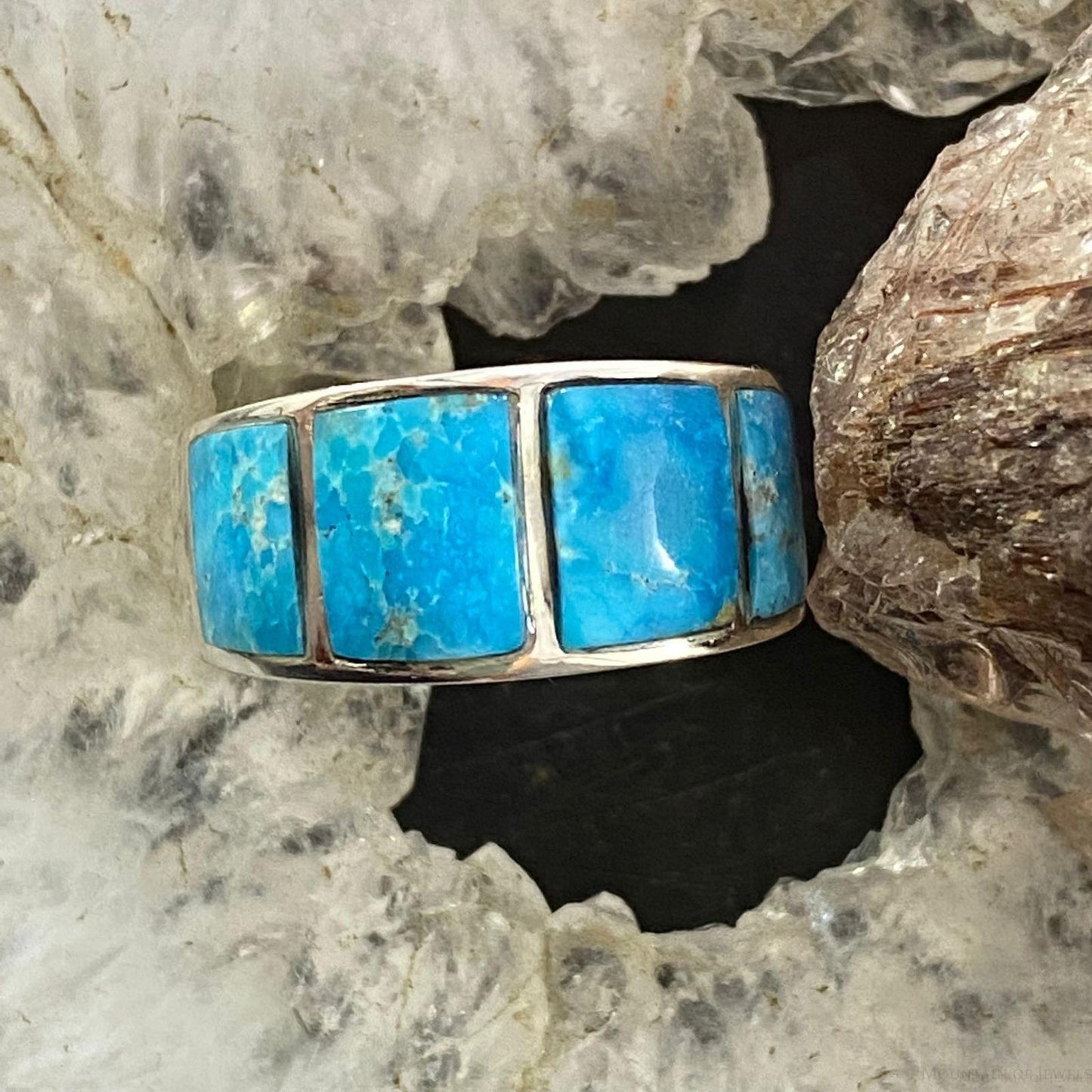 Native American Sterling Silver Blue Ridge Turquoise Graduated Band Ring Size 7