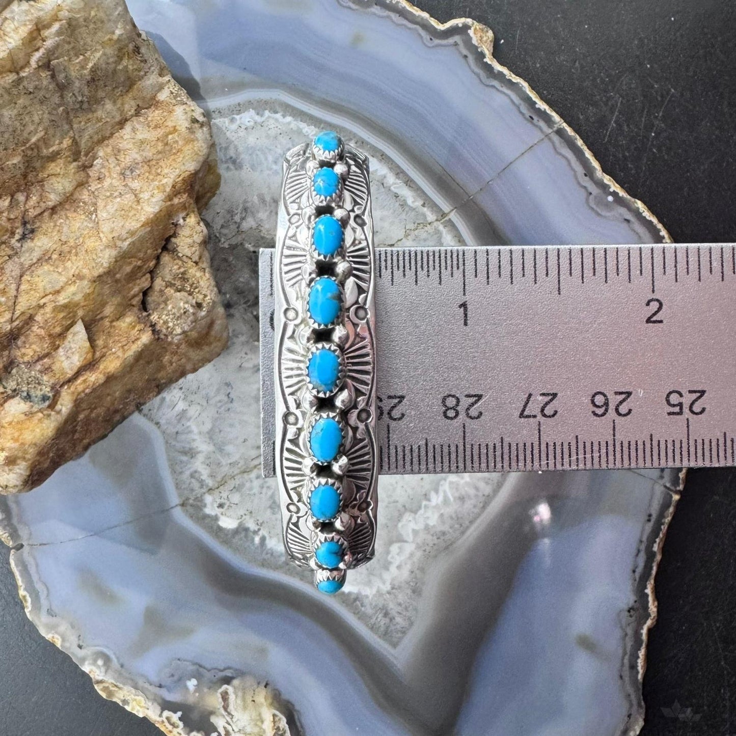 Grace Silver Native American Sterling Single Row 9 Oval Kingman Turquoise Bracelet For Women