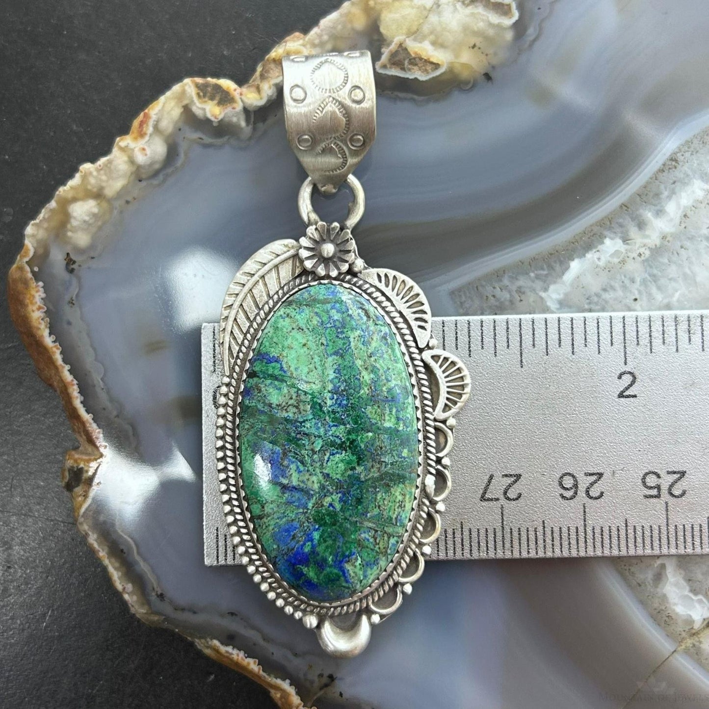 Sterling Silver Southwestern Style Elongated Chrysocolla Decorated Pendant For Women