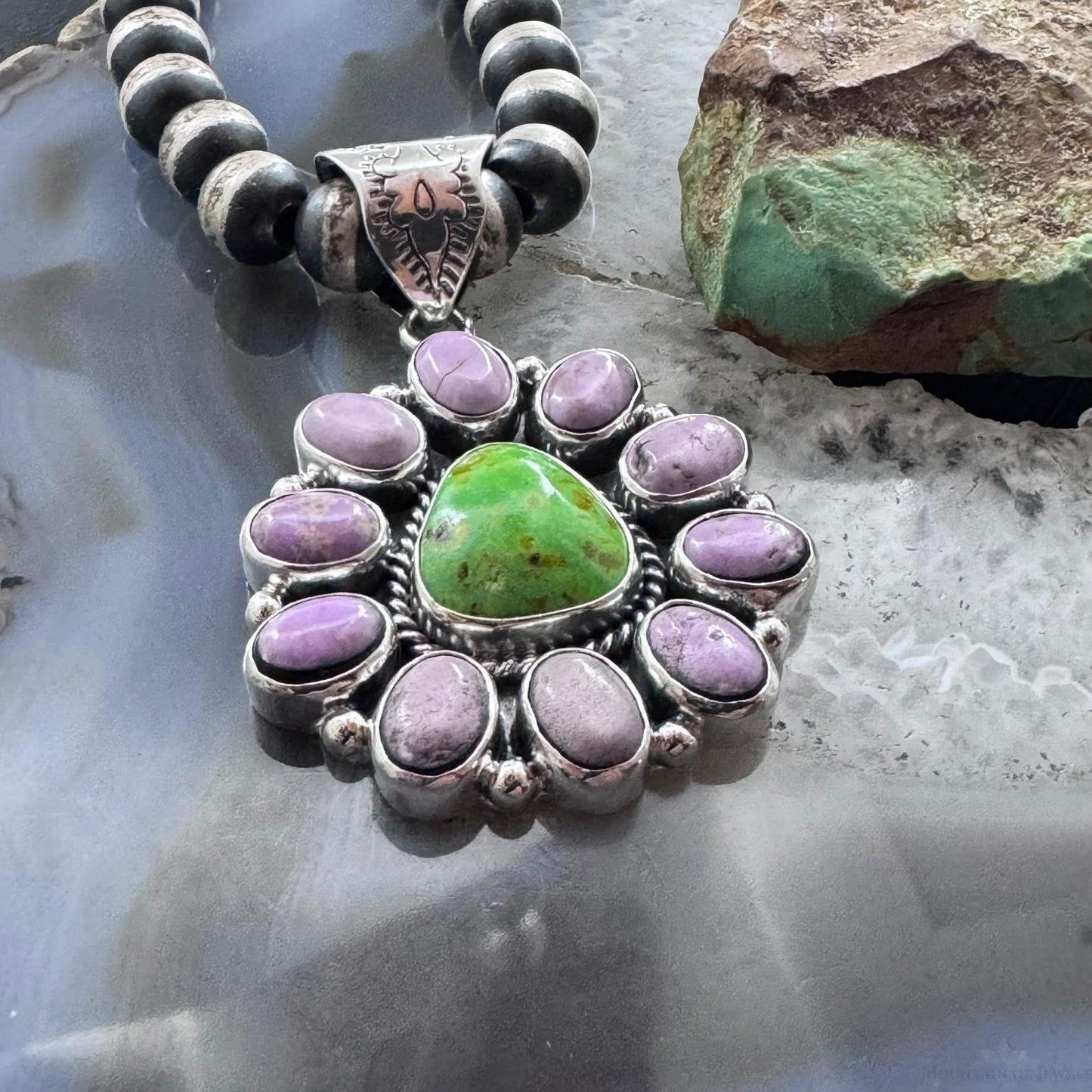 Native American Sterling Silver Green Turquoise w/Phosphosiderite Cluster Pendant For Women