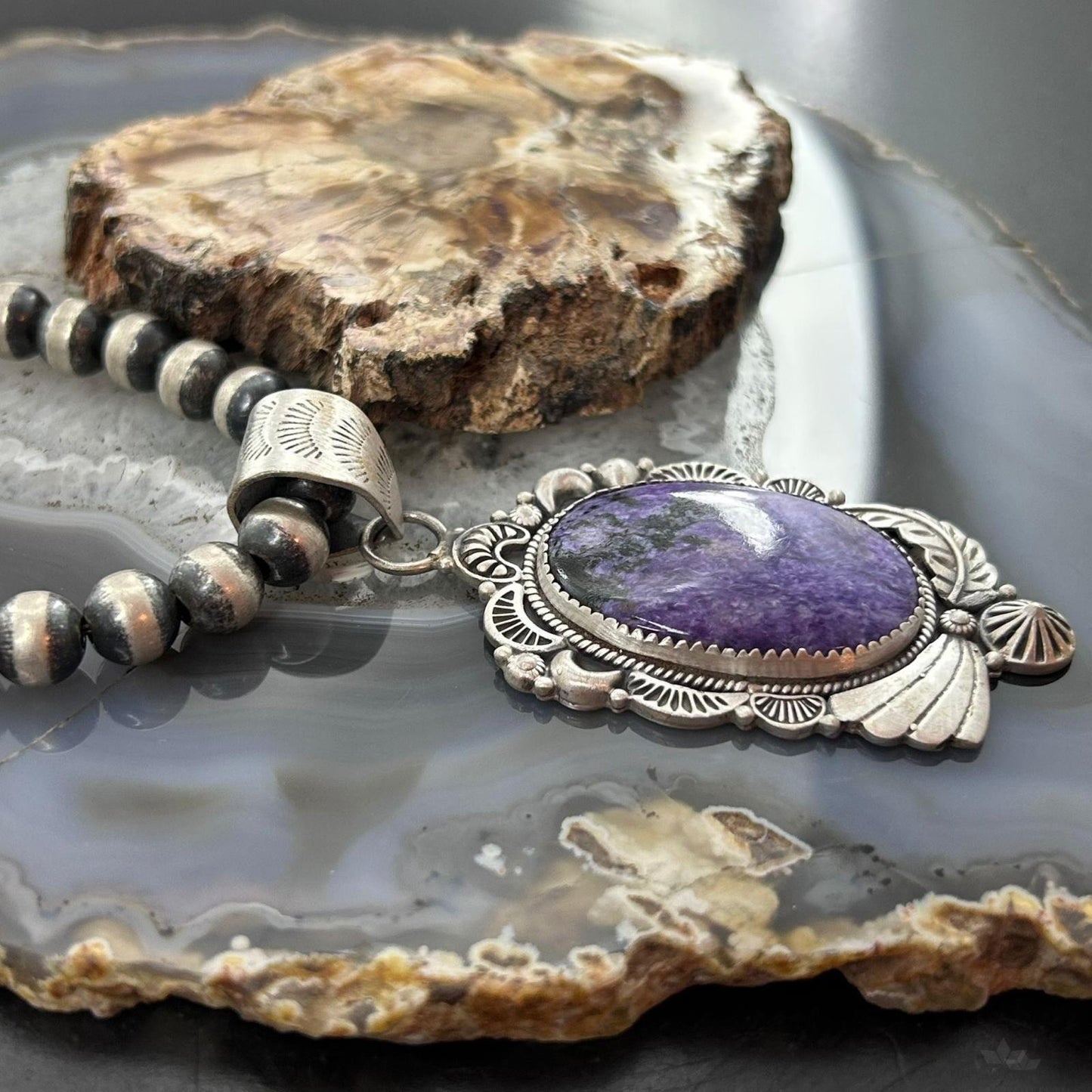 Sterling Silver Southwestern Style Oval Charoite Decorated Pendant For Women
