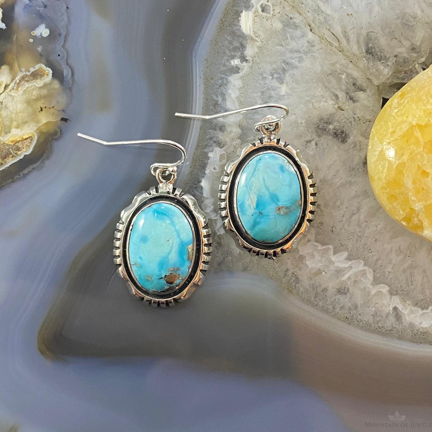 Native American Sterling Silver Blue Ridge Turquoise Decorated Dangle Earrings For Women