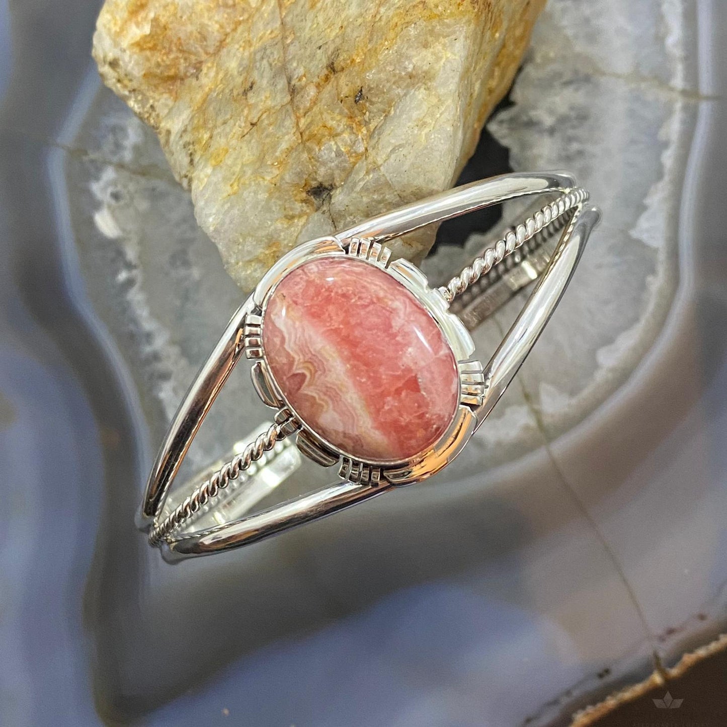 Abel Cone Sterling Silver Oval Rhodochrosite Decorated Bracelet For Women