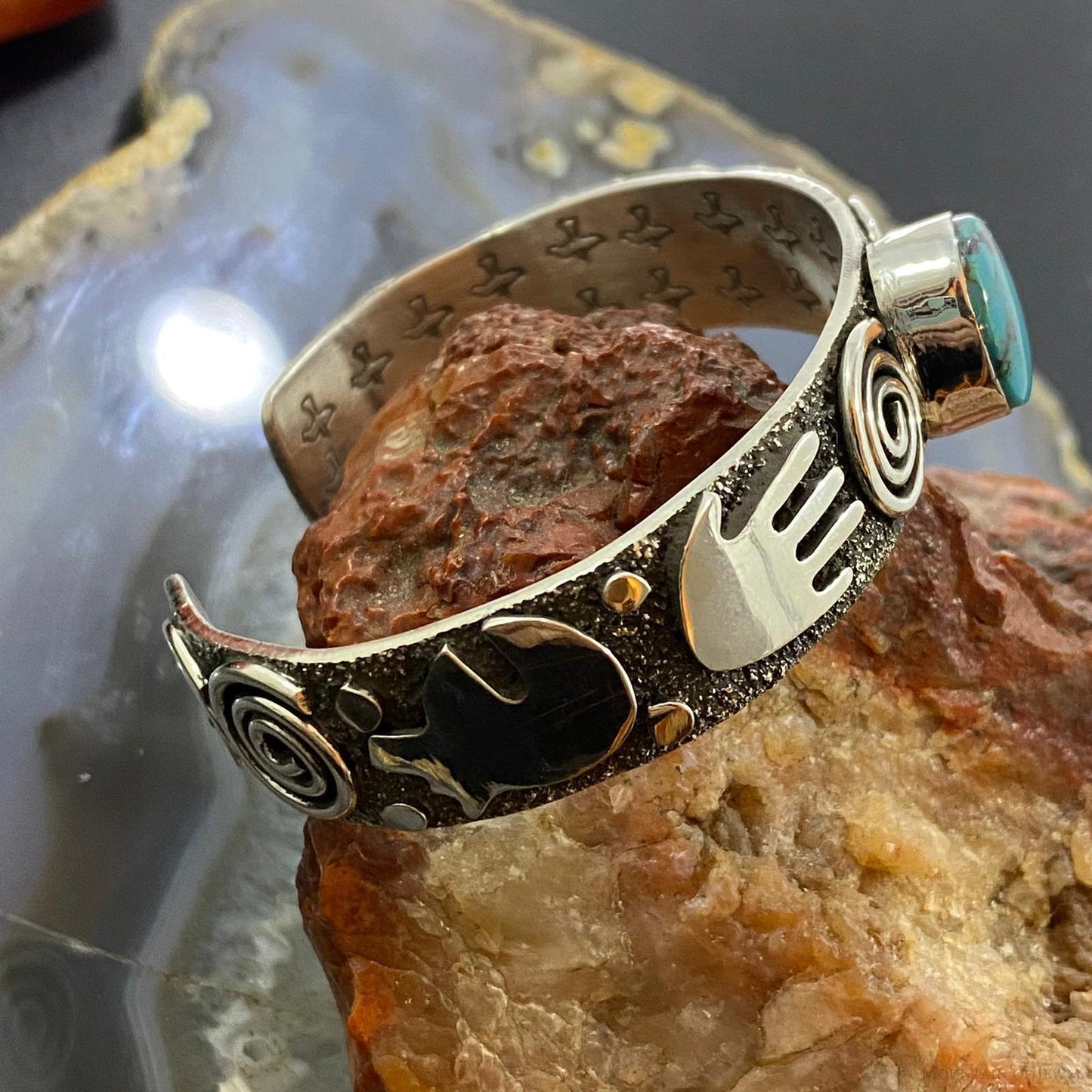 Alex Sanchez Native American Sterling Silver Turquoise Petroglyph Bracelet #2
