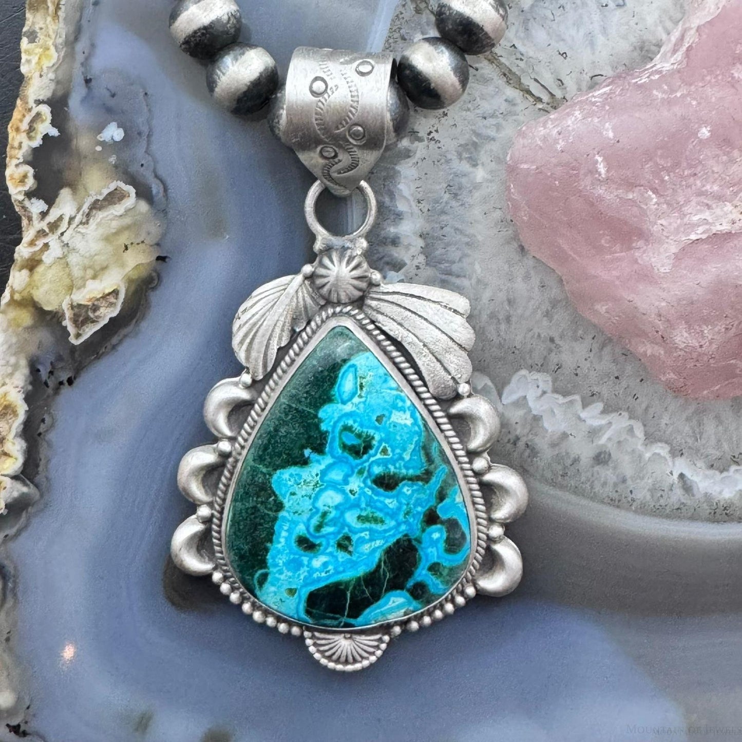 Sterling Silver Southwestern Style Large Teardrop Azurite Malachite Decorated Pendant For Women