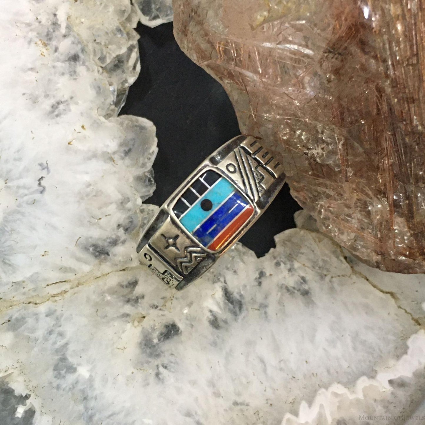 Carolyn Pollack Southwestern Style Sterling Silver Square Multistone Inlay Decorated Band Ring For Women