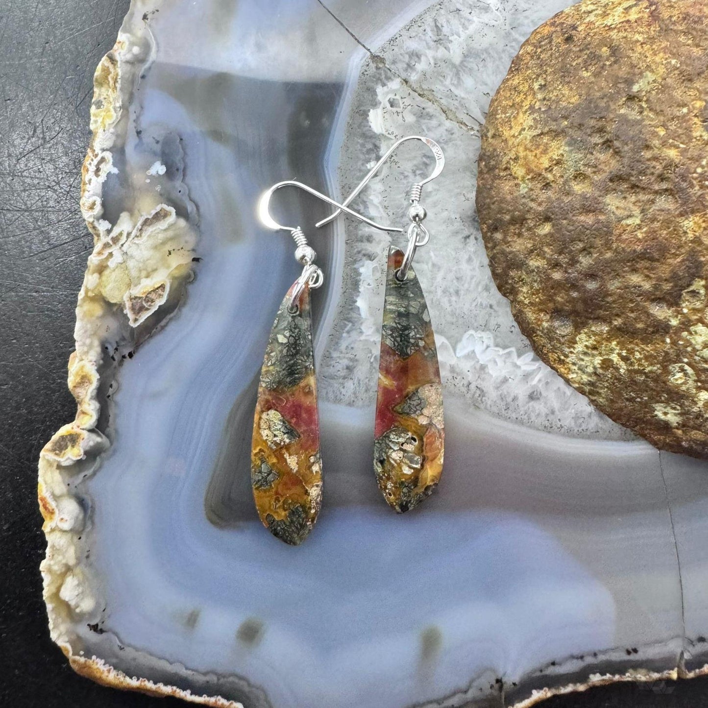 Sterling Silver Elongated Teardrop Red Marcasite Slab Dangle Earrings For Women #219