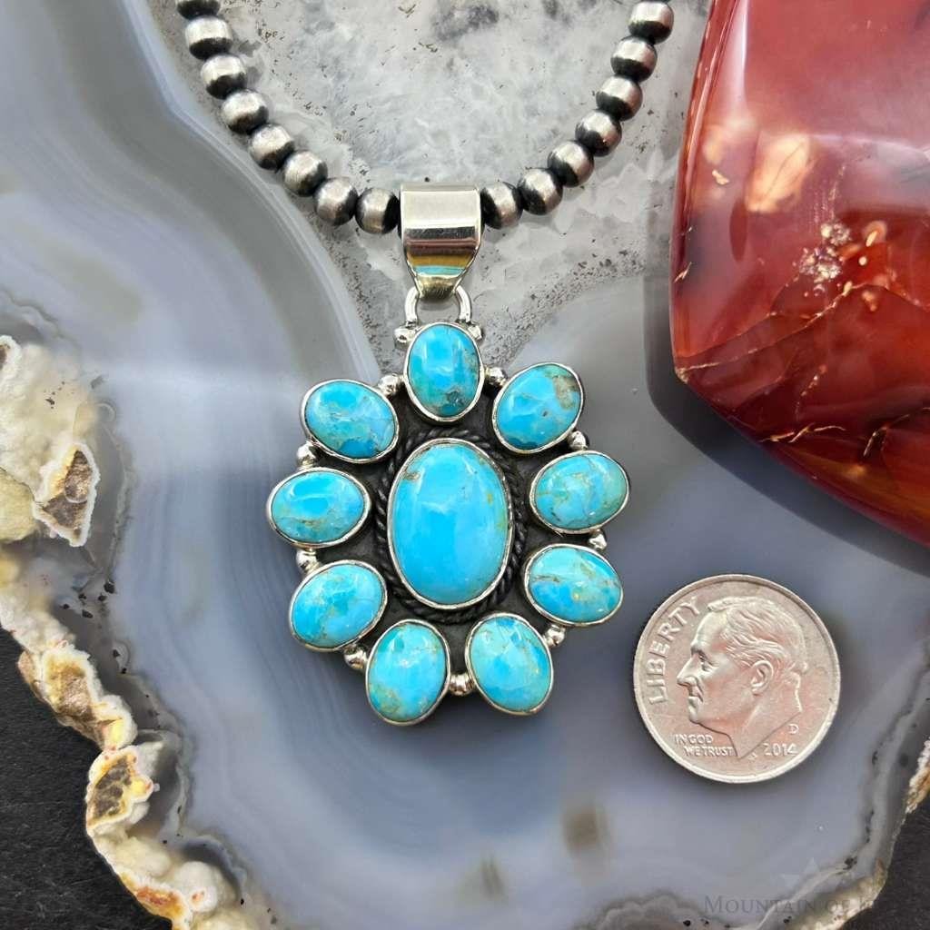 Sterling Silver Southwestern Style Mohave Turquoise Cluster Pendant For Women