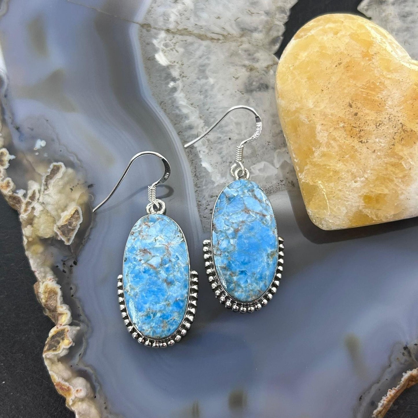 Sterling Silver Southwestern Style Oval Blue Apatite Dangle Earrings For Women