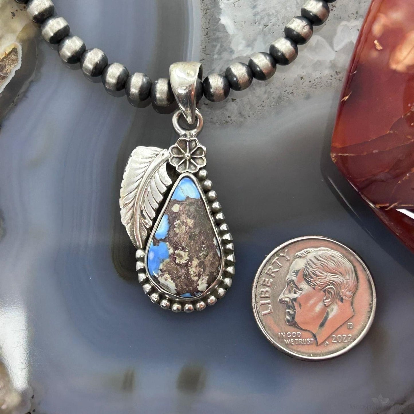 Sterling Silver Southwestern Style Teardrop Golden Hill Turquoise Leaves Pendant For Women