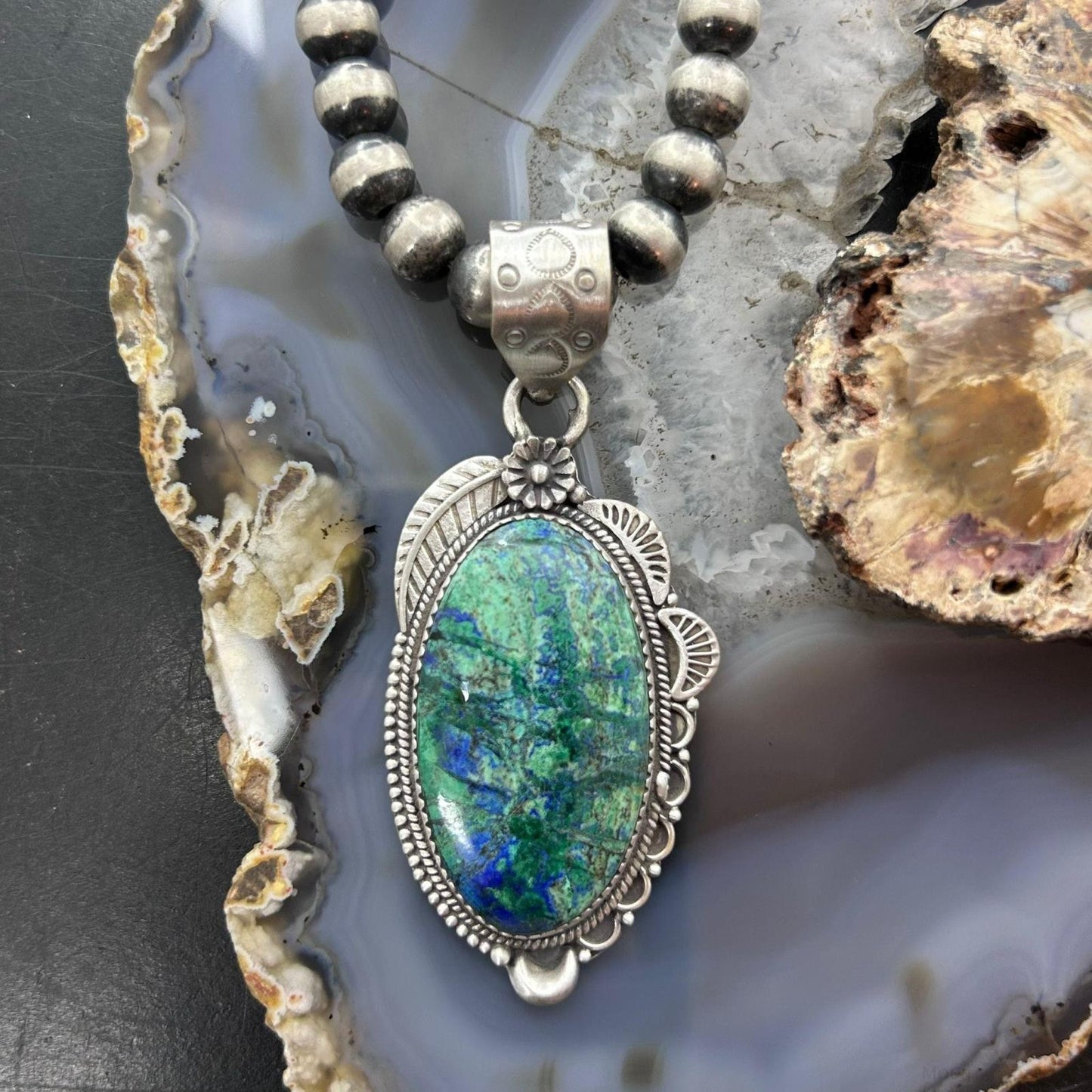Sterling Silver Southwestern Style Elongated Chrysocolla Decorated Pendant For Women