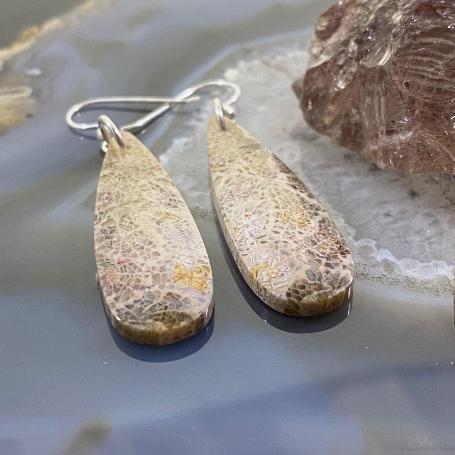 Sterling Silver Teardrop Fossilized Coral Slab Dangle Earrings For Women #091