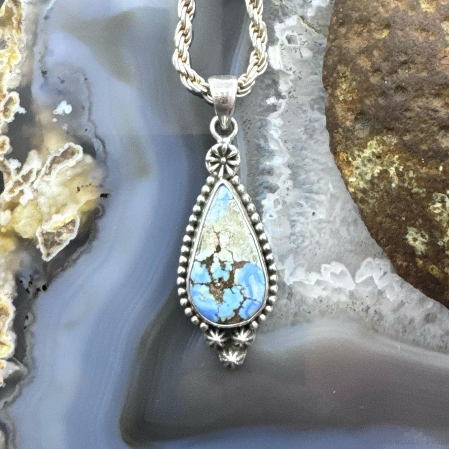 Sterling Silver Southwestern Style Teardrop Golden Hill Turquoise Pendant For Women