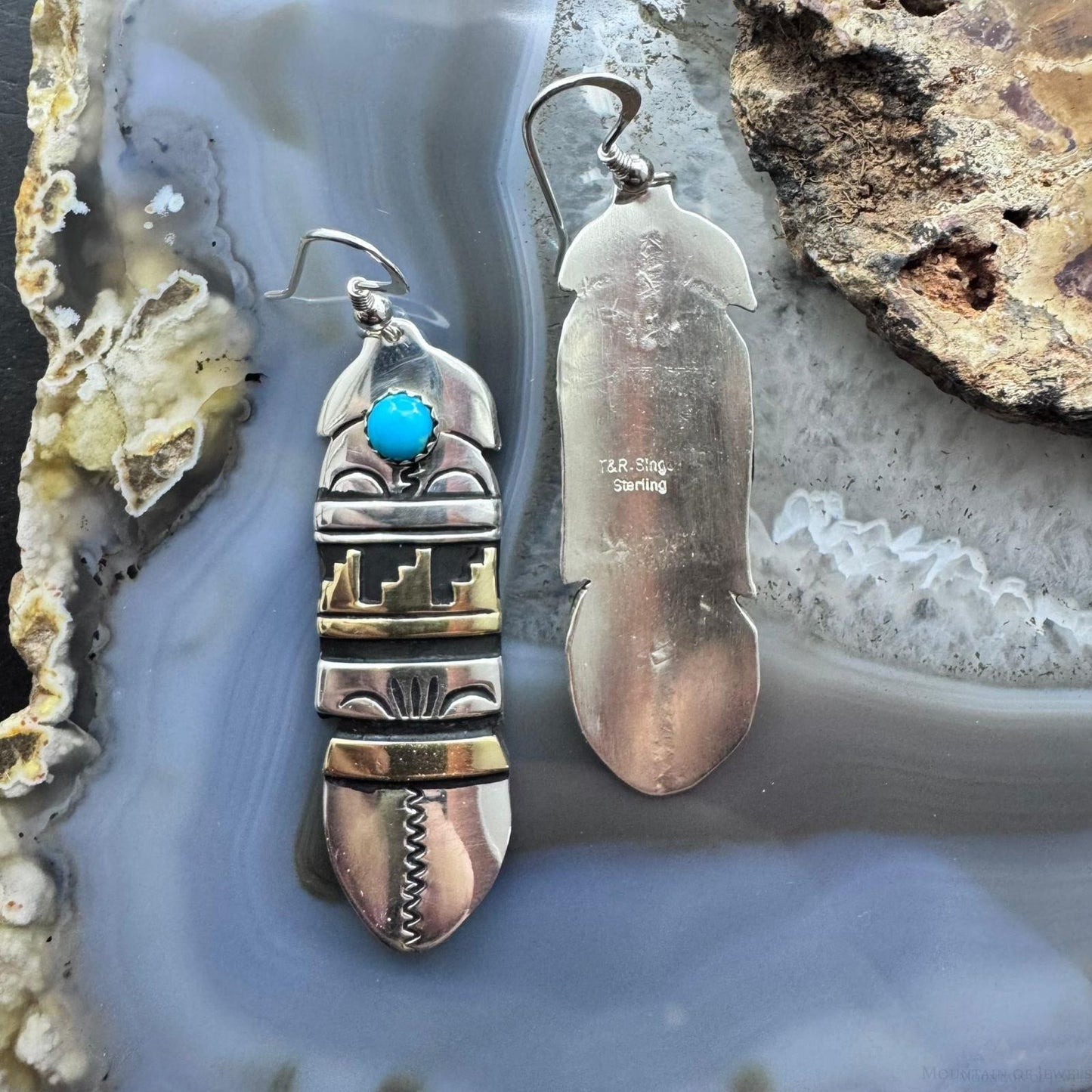 Tommy & Rosita Singer Sterling Silver & Gold Filled Dot Turquoise Feather Dangle Earrings For Women