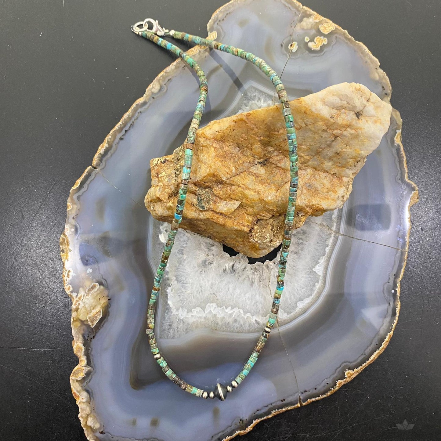 Turquoise Beads 3 mm and Navajo Pearl Sterling Silver Necklace 18" For Women
