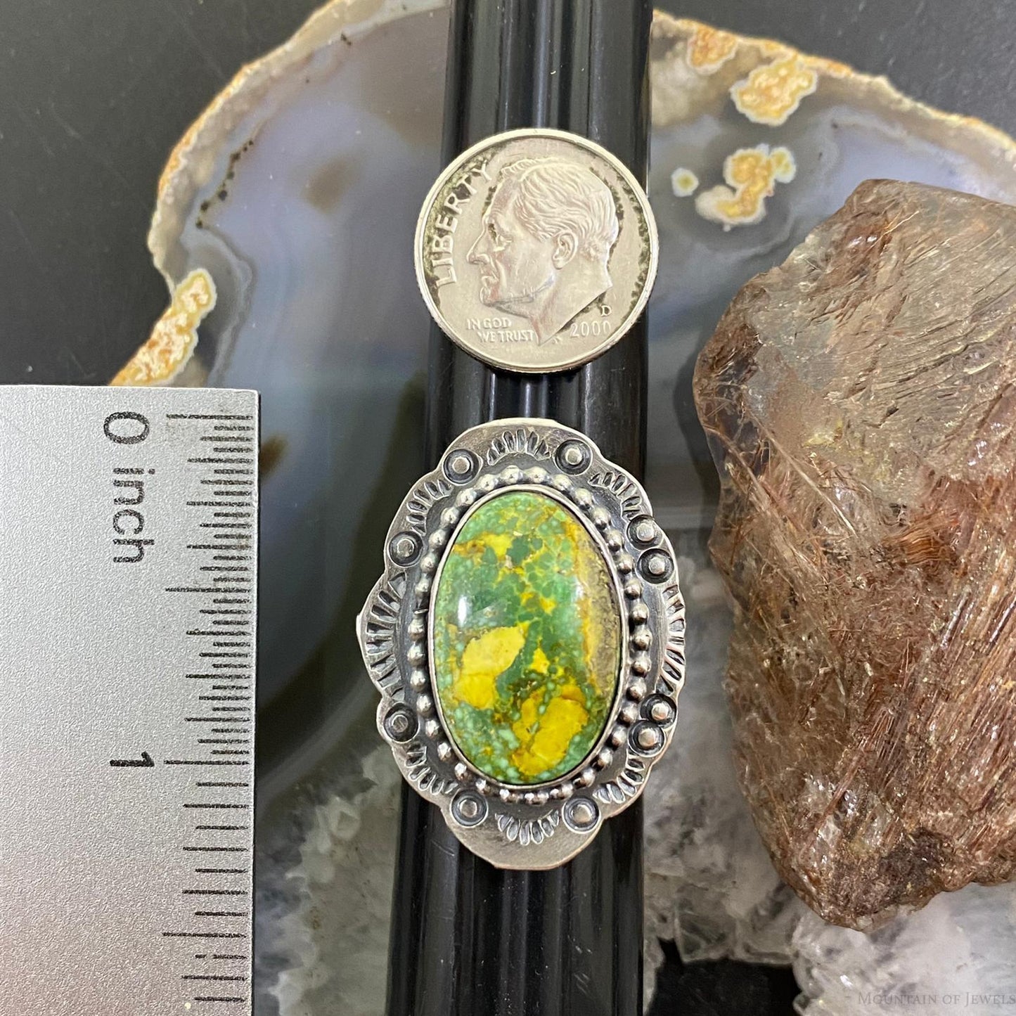 Tim Vanderver Sterling Ornate Oval Sonora Gold Turquoise Ring Size 7.5 For Women