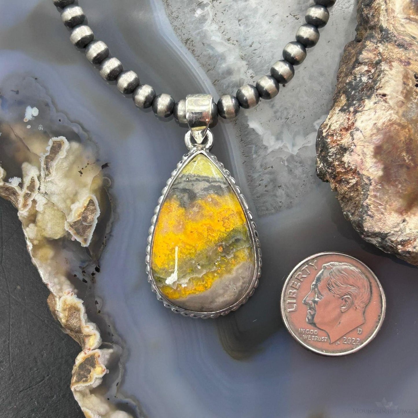 Sterling Silver Southwestern Style Teardrop Yellow Jasper Pendant For Women