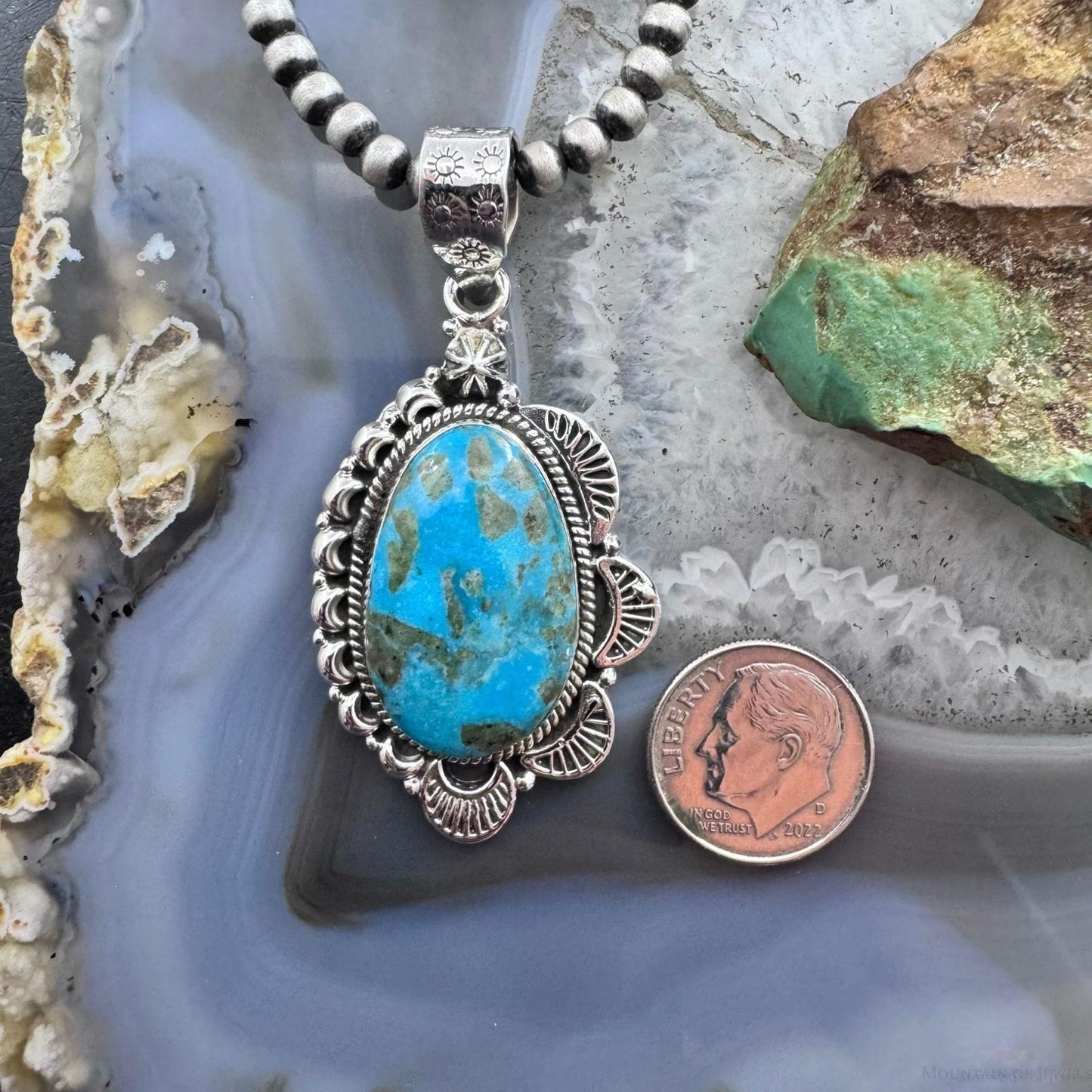 Sterling Silver Southwestern Style Large Turquoise Decorated Pendant For Women