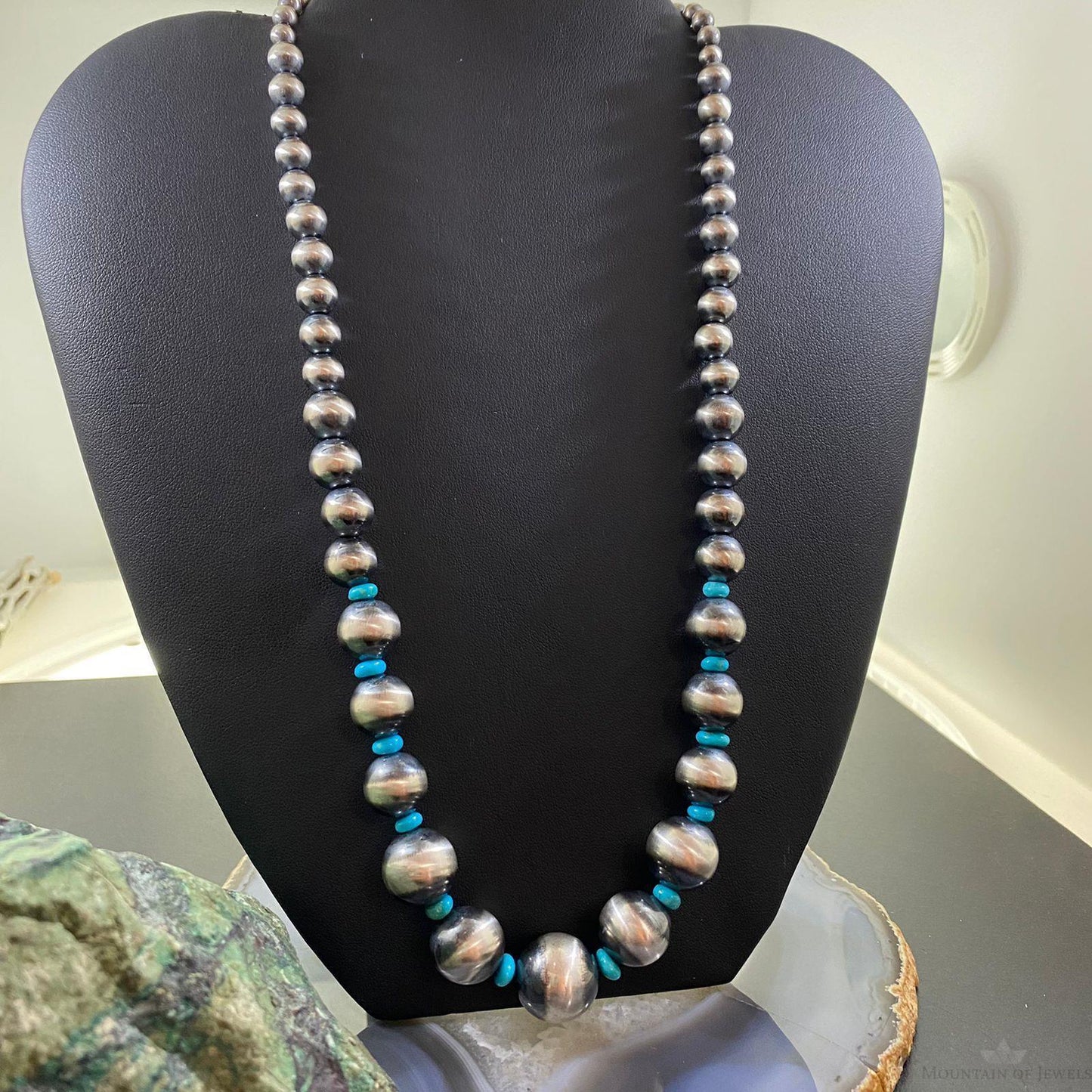 Navajo Pearl Beads Graduated 4-16mm w/Turquoise Disk Beads Sterling 18" Necklace