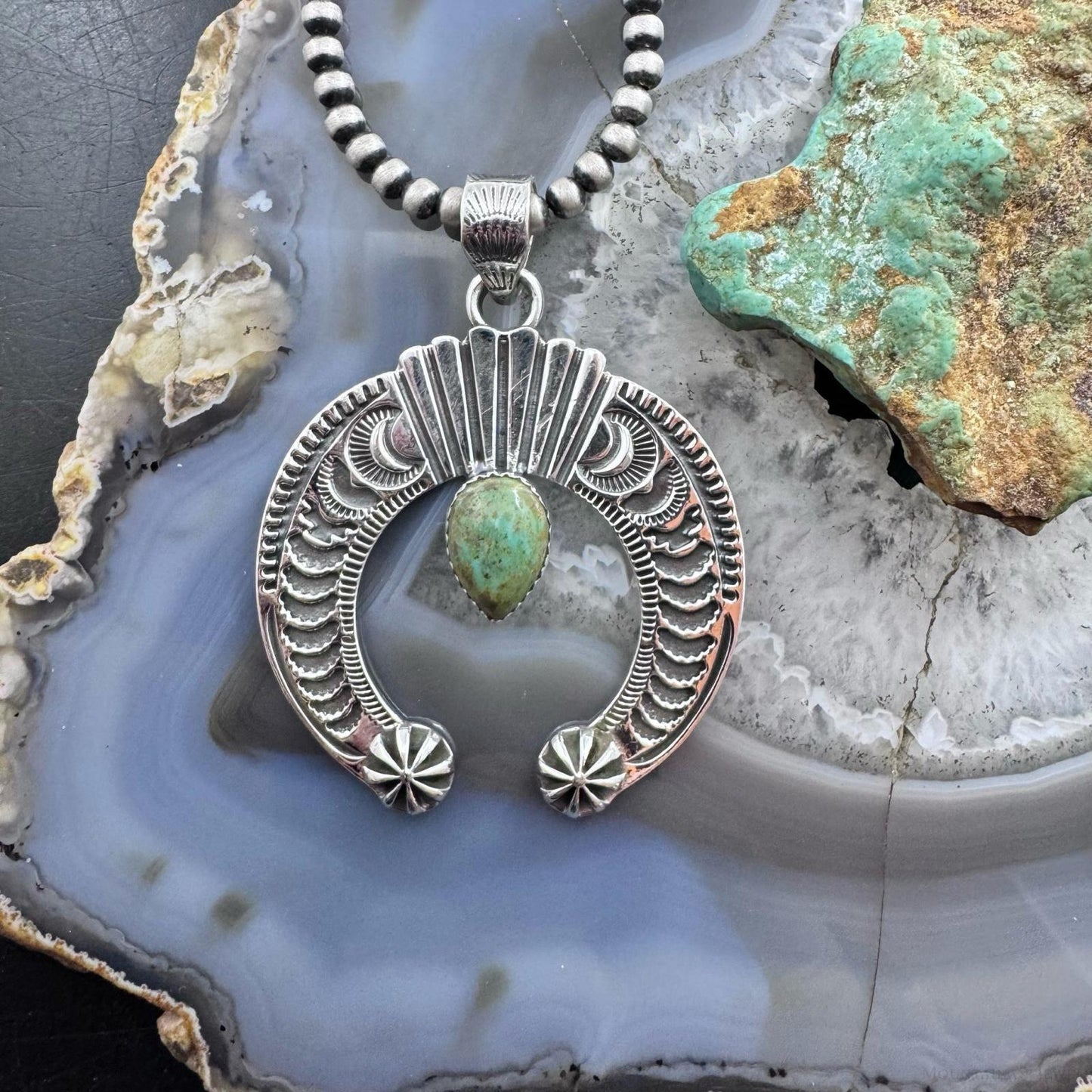 Sterling Silver Southwestern Style Teardrop Turquoise Decorated Unisex Naja Pendant