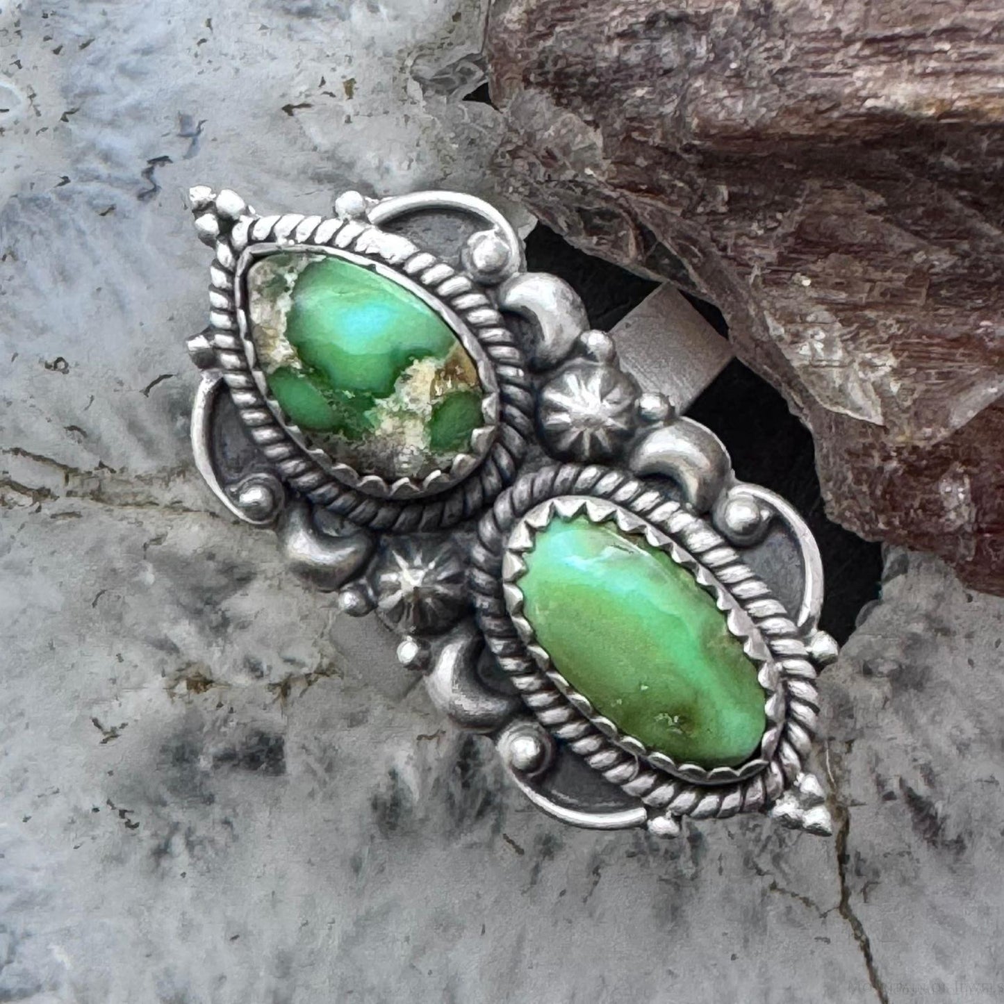 Sterling Silver Southwestern Style 2 Sonora Gold Turquoise Decorated Adjustable Ring For Women