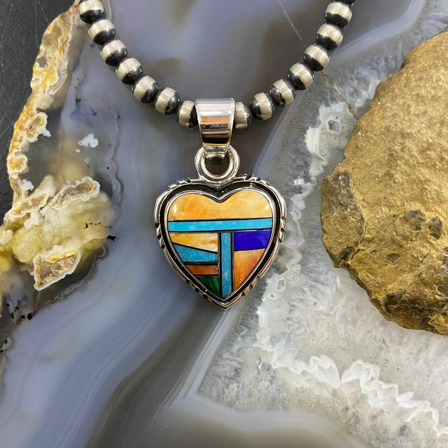 Native American Sterling Silver Heart Shape Multi Stone Inlay Pendant For Women