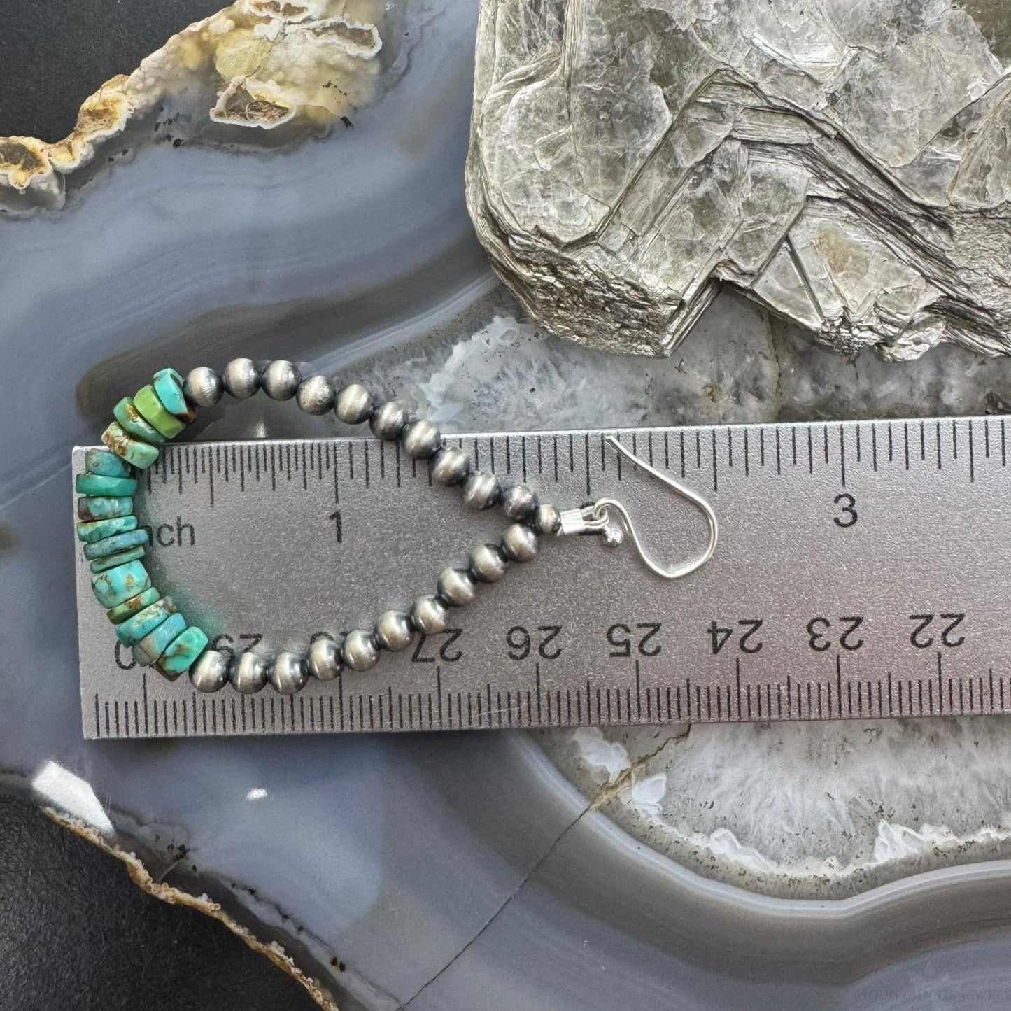 Sterling Silver 4mm Navajo Pearl Southwester Style & 6mm Turquoise Bead Hoop Earrings For Women
