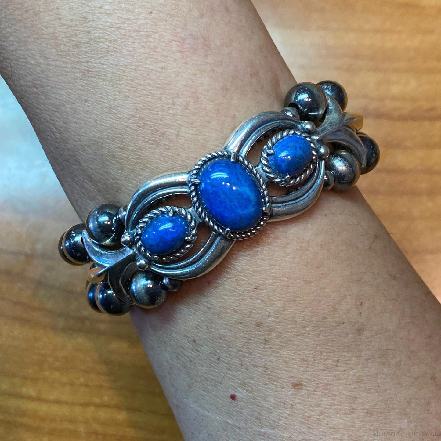 Carolyn Pollack Sterling Silver Navajo Pearl Bead 3 Denim Lapis Link Bracelet For Women